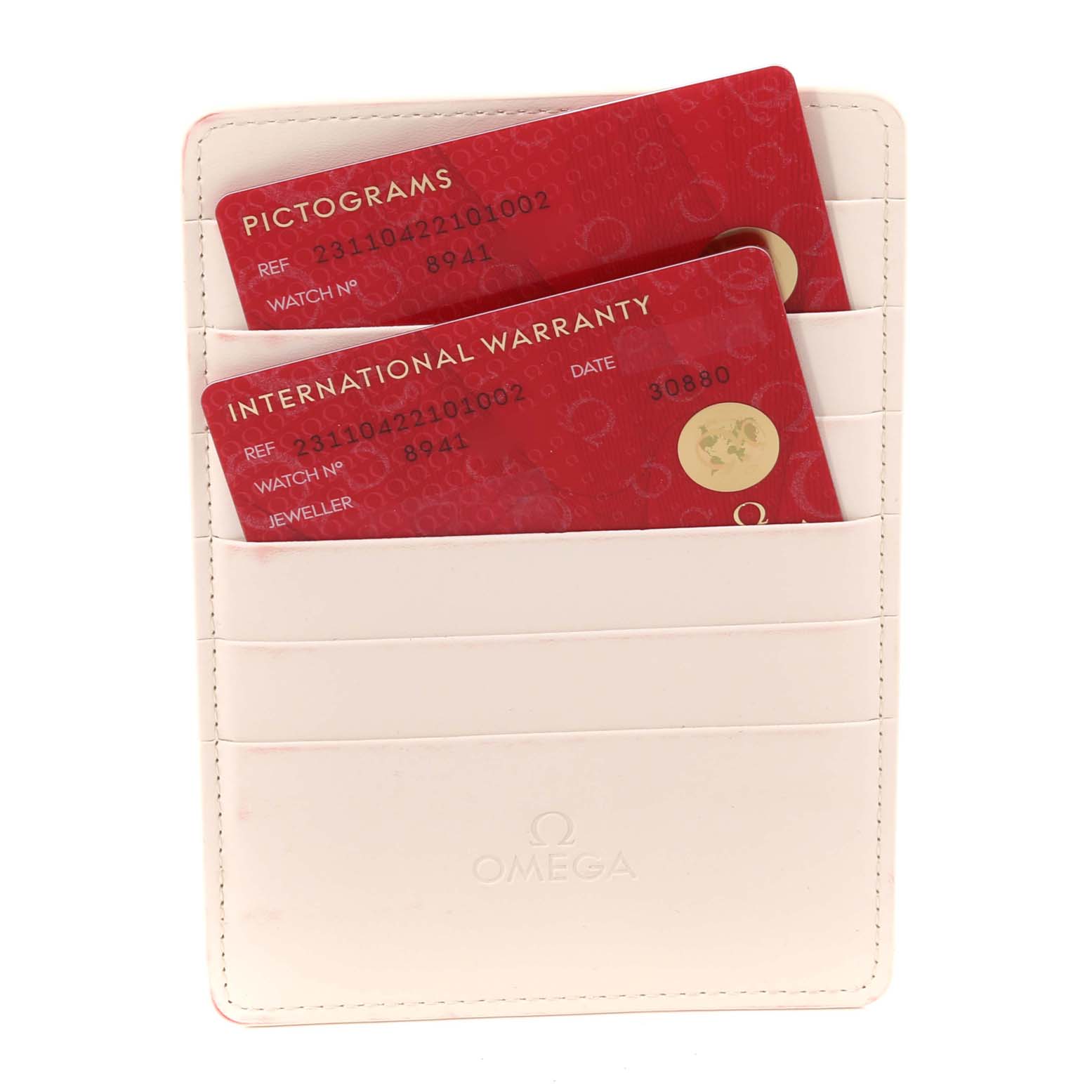 This image shows the international warranty and pictogram cards for the Omega Aqua Terra 231.10.42.21.01.002 Men's Stainless Steel Black Dial 231.10.42.21.01.002 Men's Stainless Steel Black Dial model, placed in a white cardholder.