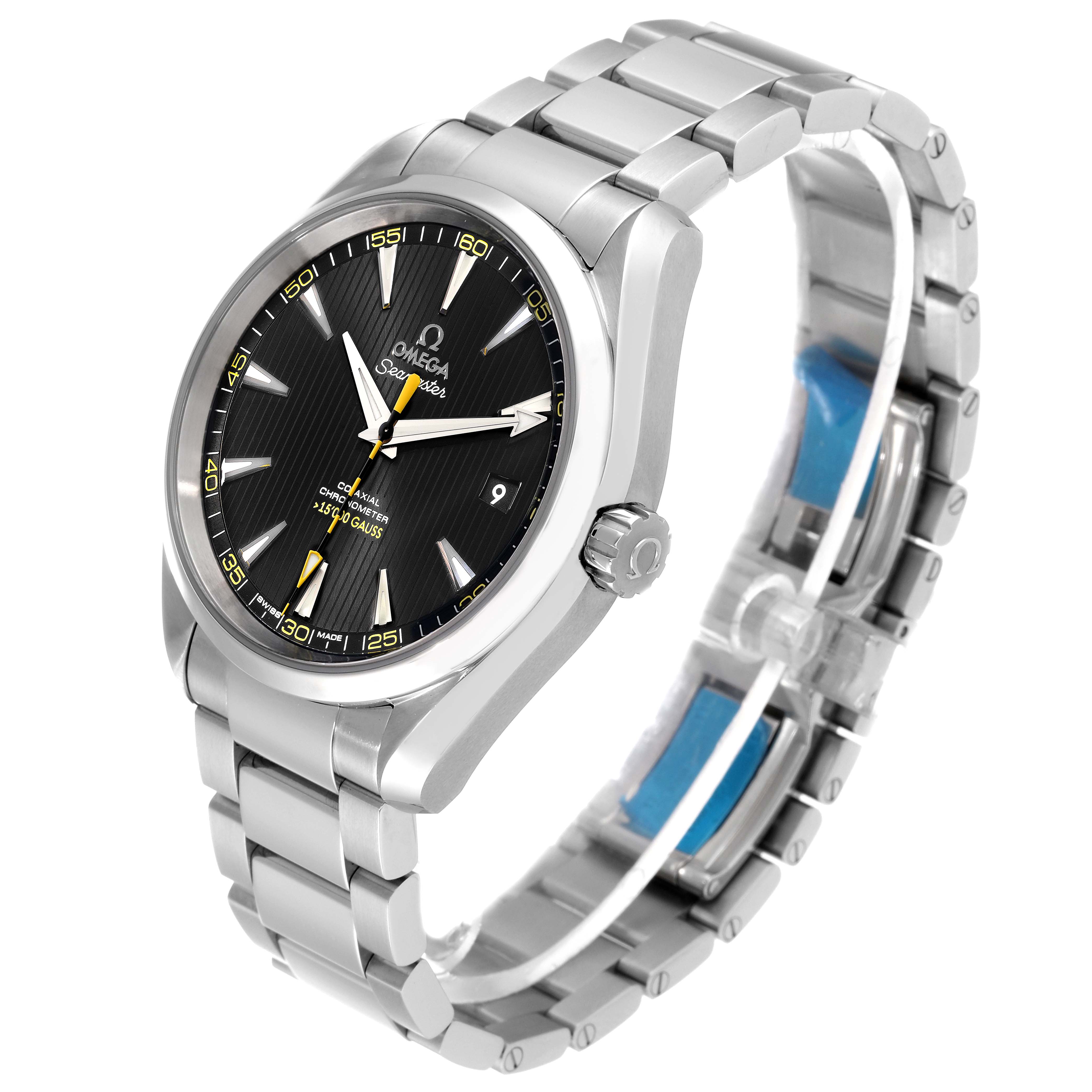 The Omega Aqua Terra 231.10.42.21.01.002 Men's Stainless Steel Black Dial 231.10.42.21.01.002 Men's Stainless Steel Black Dial watch is shown at a slight angle from the front, displaying the face, bezel, crown, and bracelet.