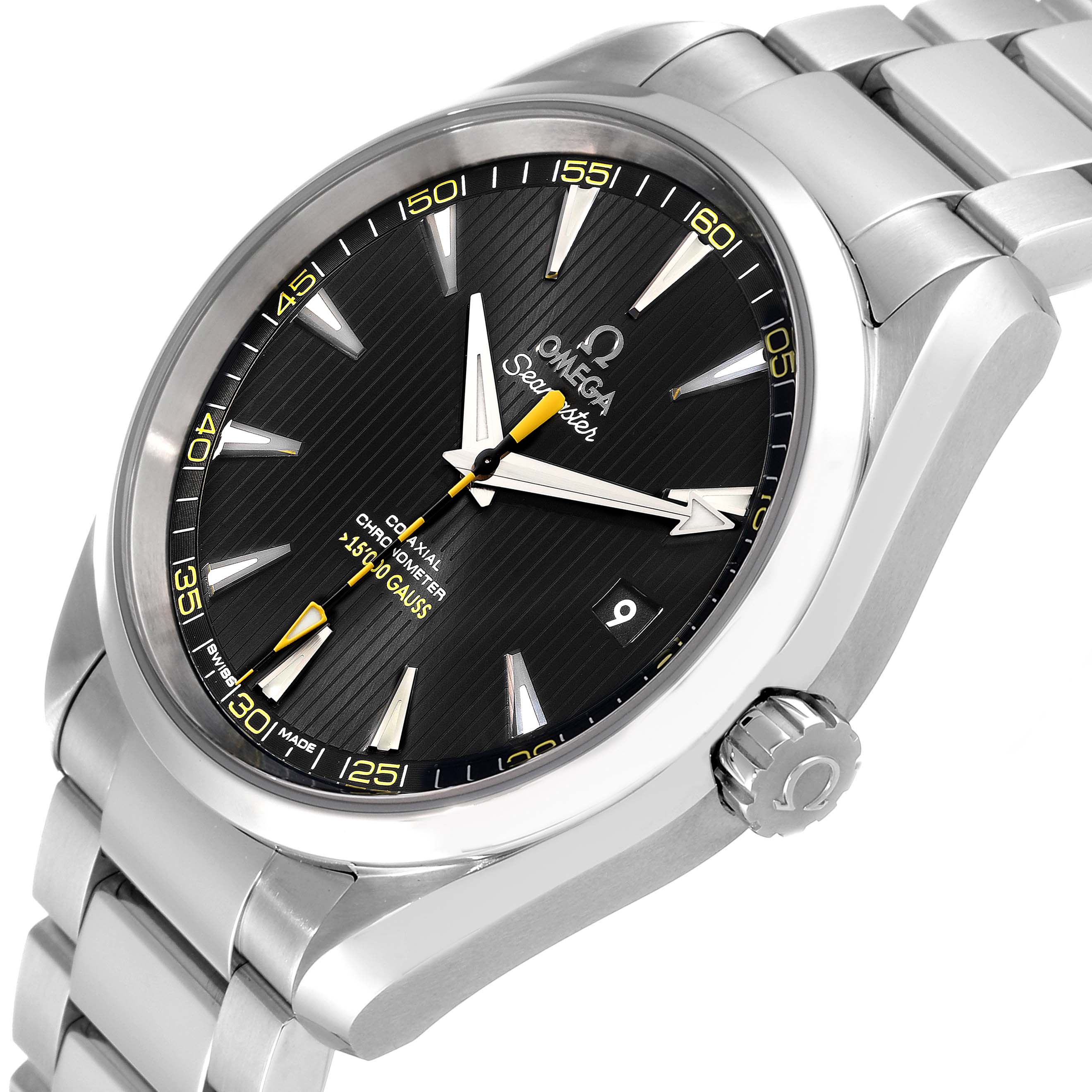 The image shows an angled view of the Omega Aqua Terra 231.10.42.21.01.002 Men's Stainless Steel Black Dial 231.10.42.21.01.002 Men's Stainless Steel Black Dial watch, focusing on the dial, bezel, crown, and part of the bracelet.