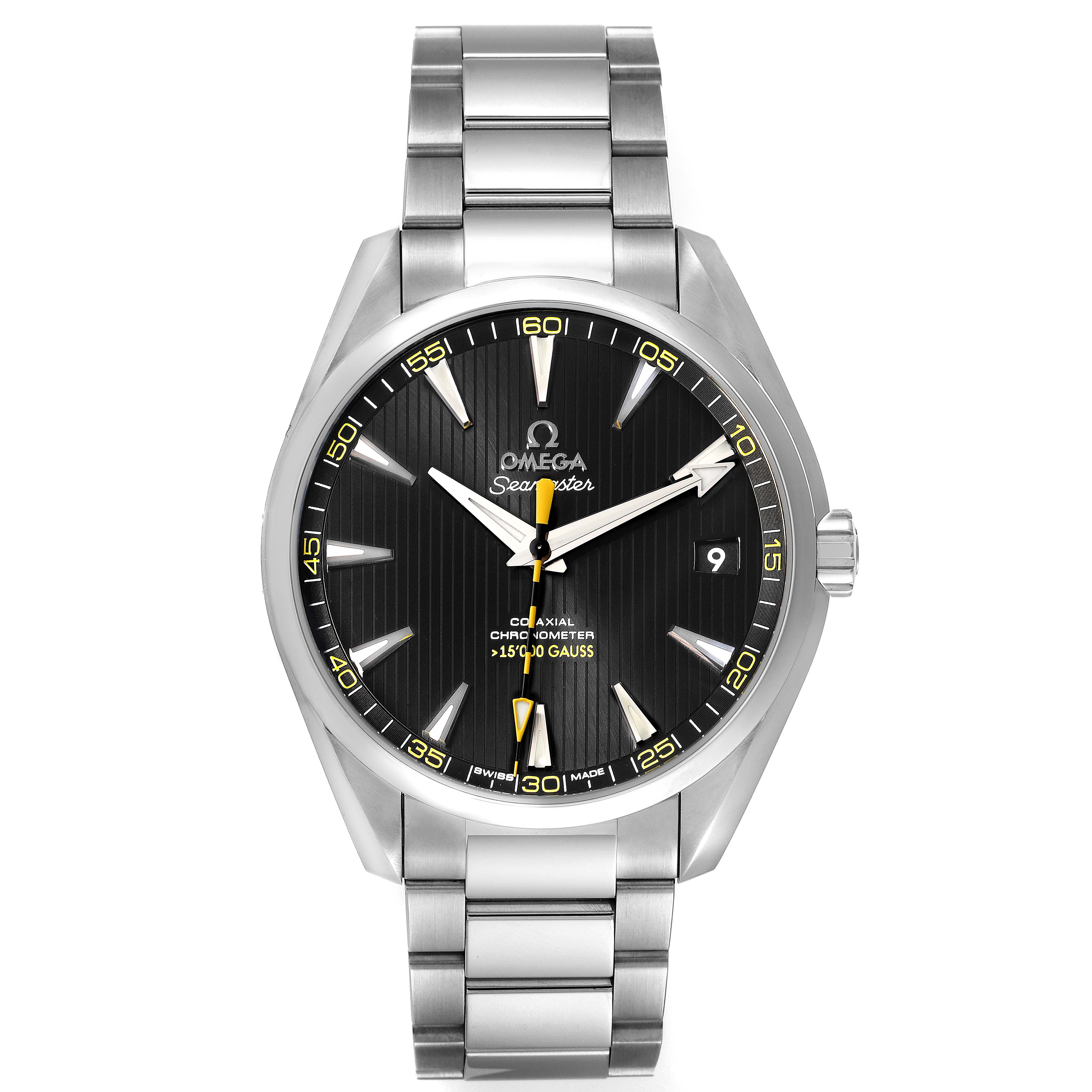 This image shows a frontal view of the Omega Aqua Terra 231.10.42.21.01.002 Men's Stainless Steel Black Dial 231.10.42.21.01.002 Men's Stainless Steel Black Dial watch, featuring its dial, bezel, hands, bracelet, and crown.