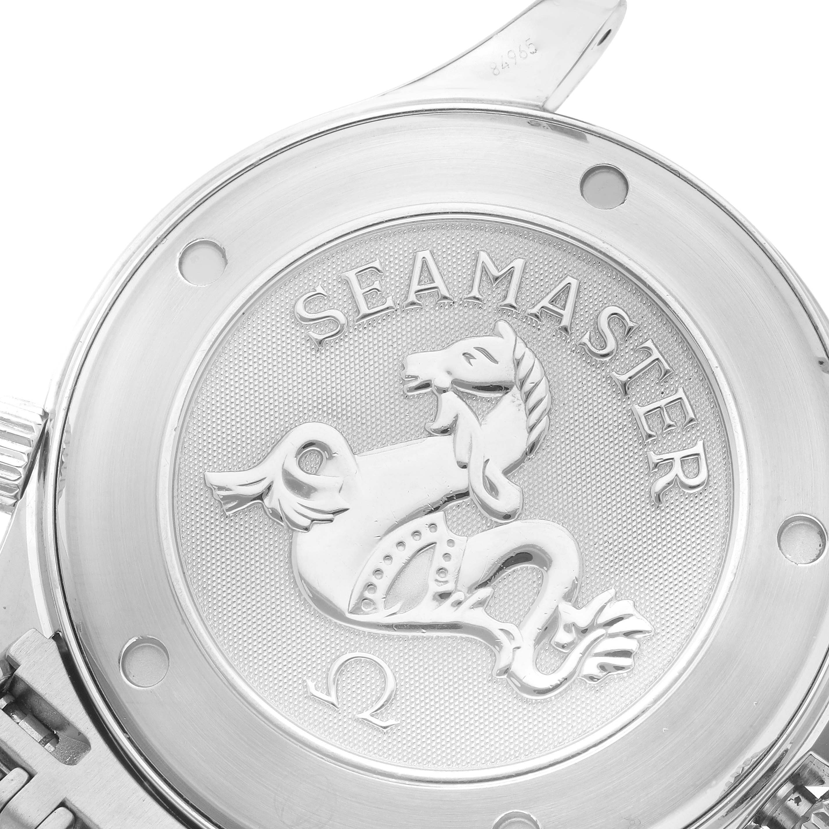 The image shows the back case of an Omega Seamaster 2220.80.00 Men's Stainless Steel Blue Dial watch, highlighting its engraved logo and branding details.