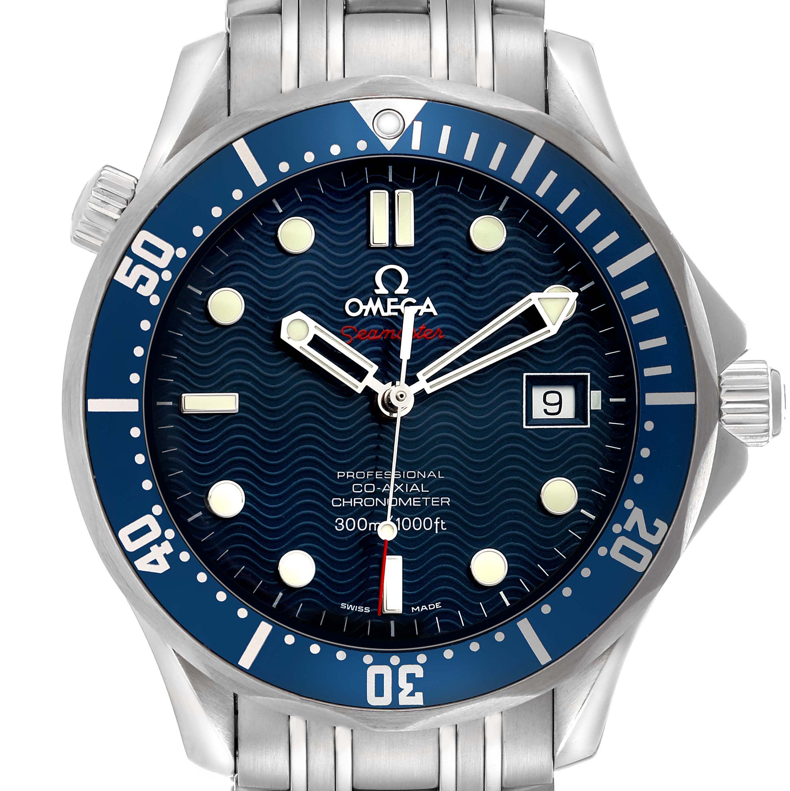 The Omega Seamaster 2220.80.00 Men's Stainless Steel Blue Dial watch is shown from a front angle, highlighting the dial, bezel, and part of the metal bracelet.