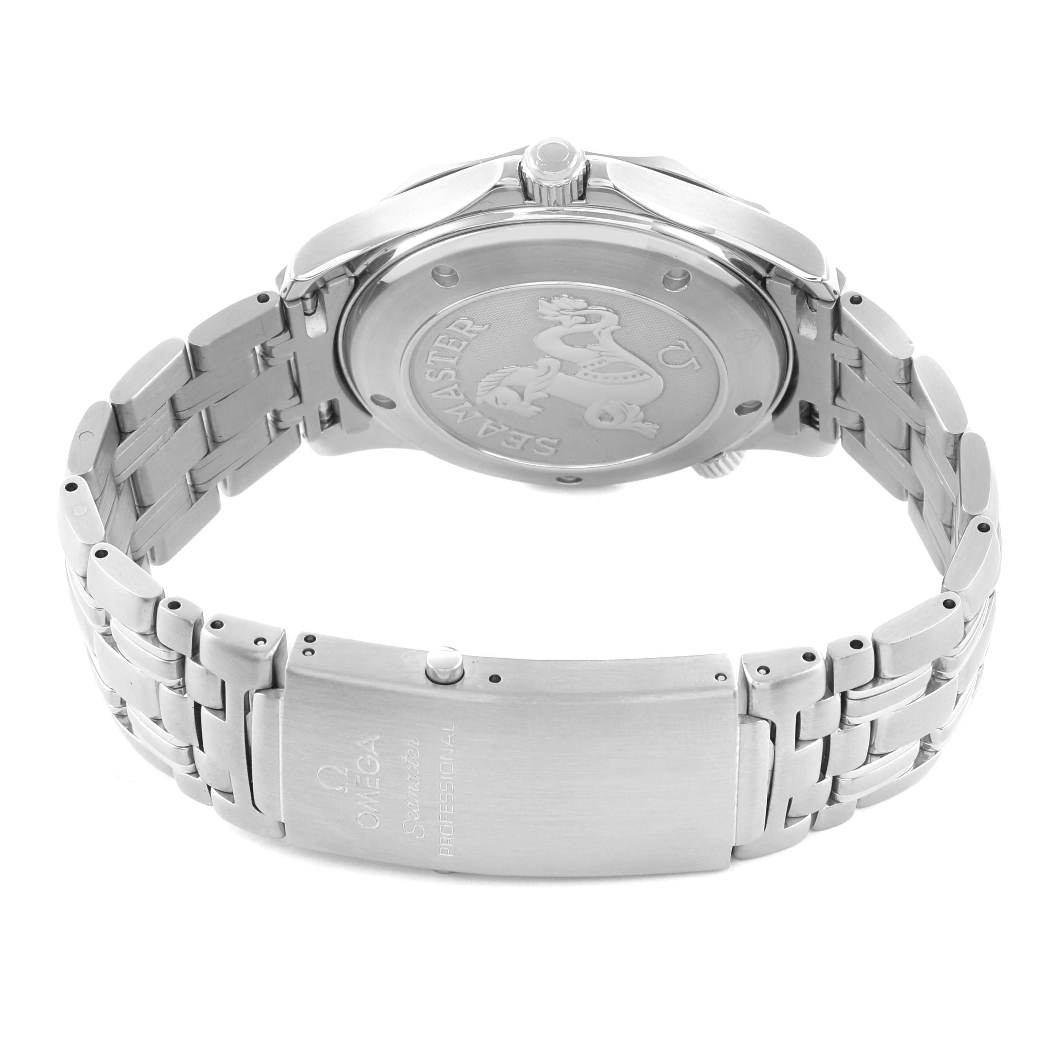 The Omega Seamaster 2220.80.00 Men's Stainless Steel Blue Dial watch is shown from the back, highlighting the case back and stainless steel bracelet.