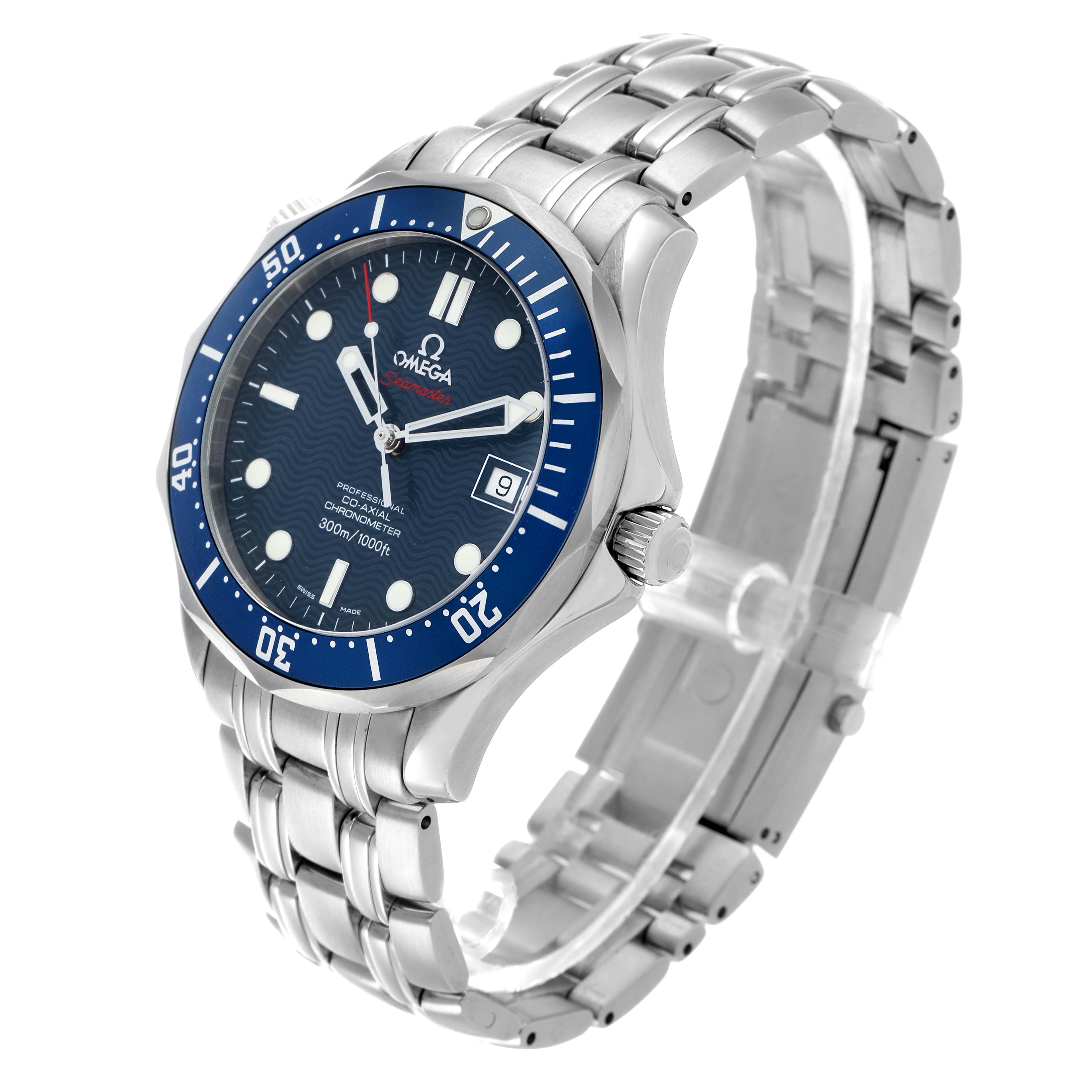 The Omega Seamaster 2220.80.00 Men's Stainless Steel Blue Dial watch is shown at a three-quarter angle, displaying the bezel, dial, and metal bracelet.