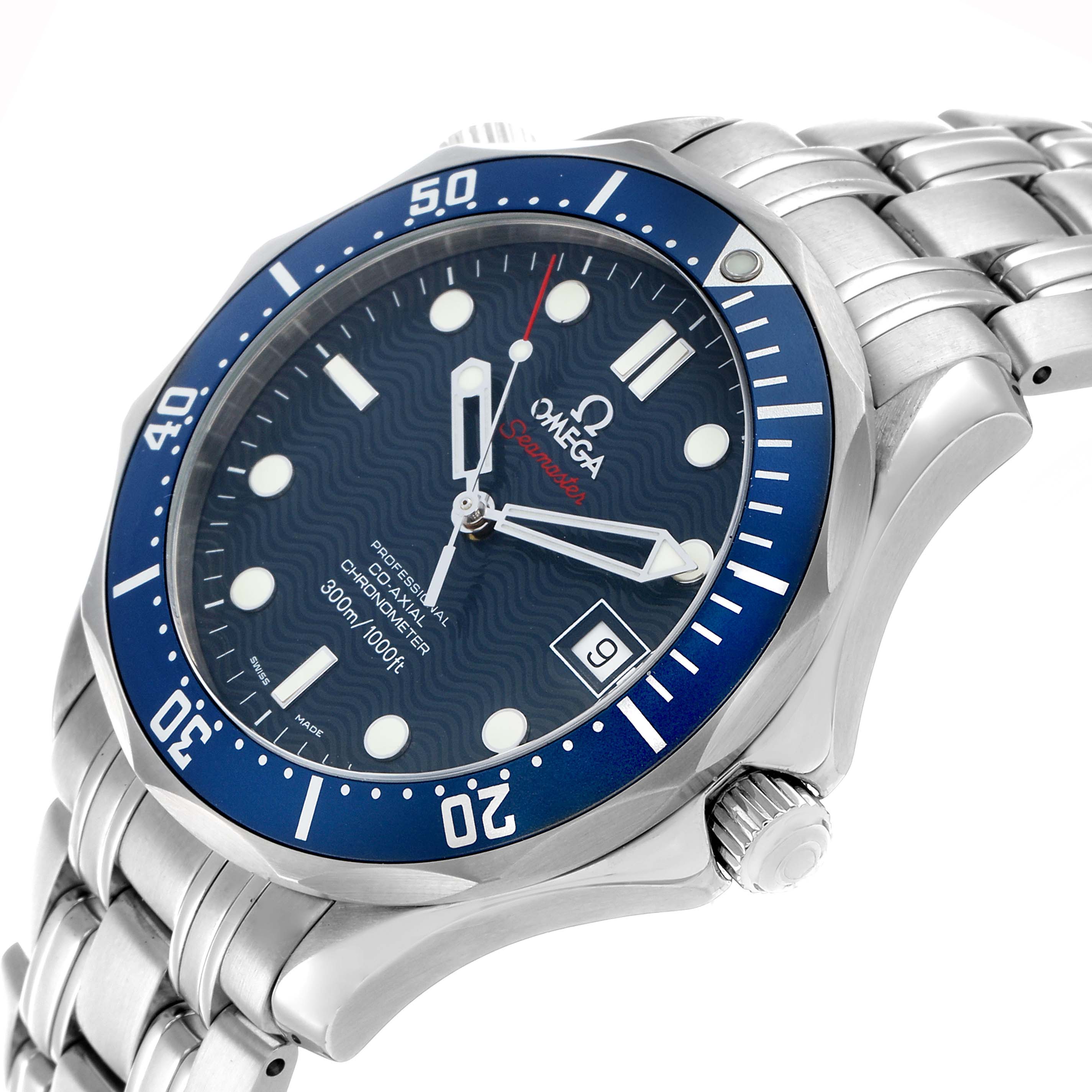 The image shows an angled view of the Omega Seamaster 2220.80.00 Men's Stainless Steel Blue Dial watch, highlighting the dial, bezel, crown, and bracelet.