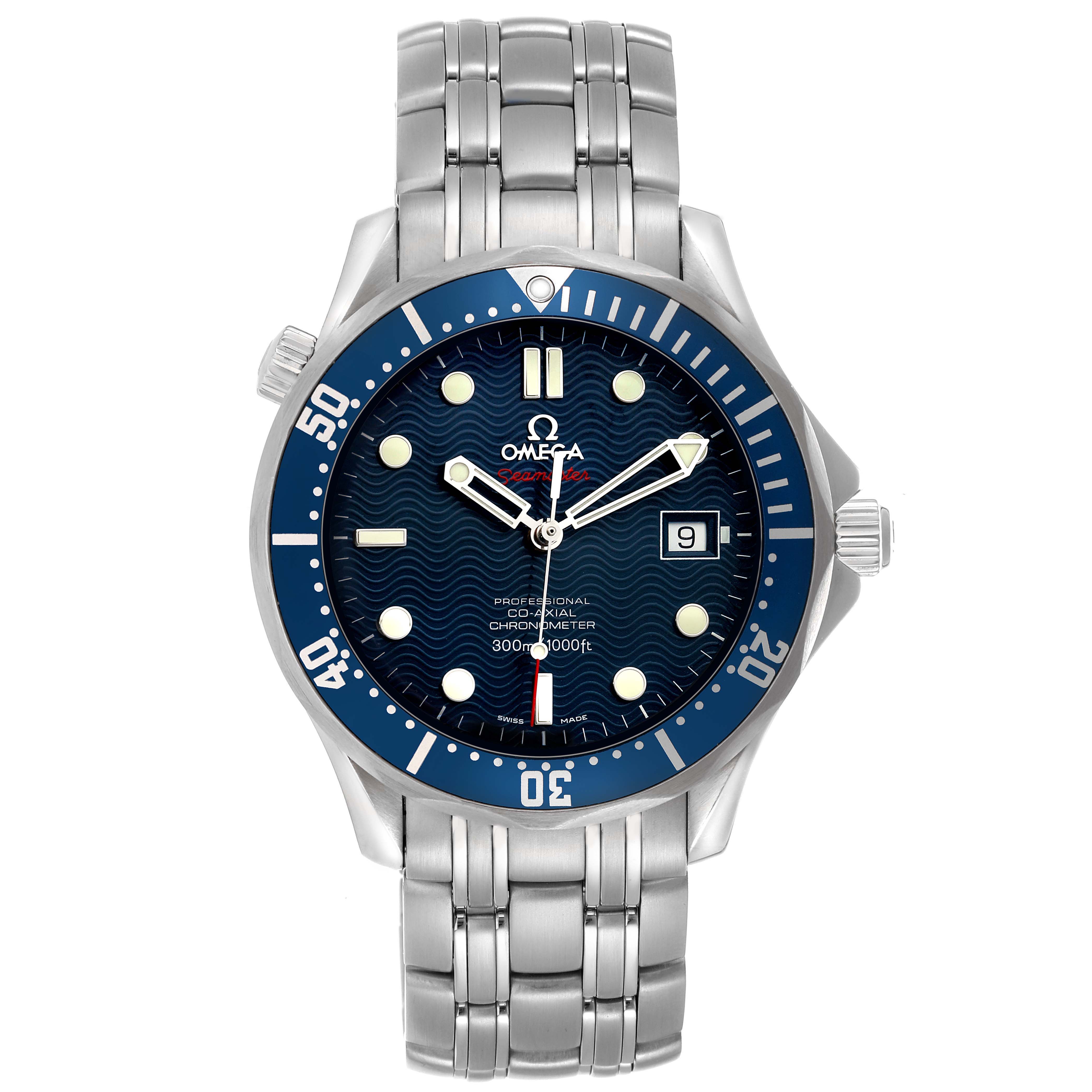 The Omega Seamaster 2220.80.00 Men's Stainless Steel Blue Dial watch is shown from a top view, highlighting its face, bezel, bracelet, and crown.