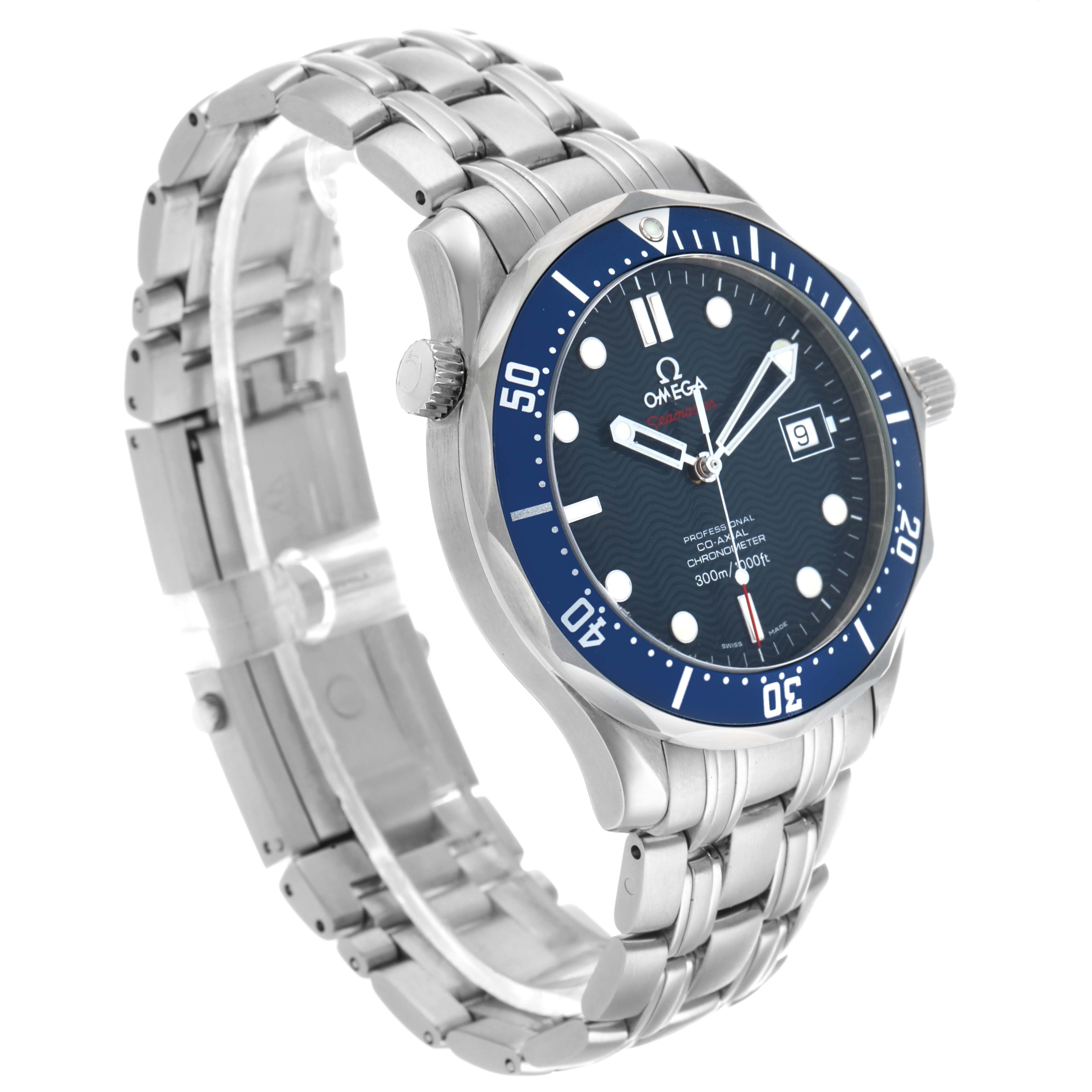 The Omega Seamaster 2220.80.00 Men's Stainless Steel Blue Dial watch is shown at a three-quarter angle, displaying the bezel, dial, crown, and bracelet.