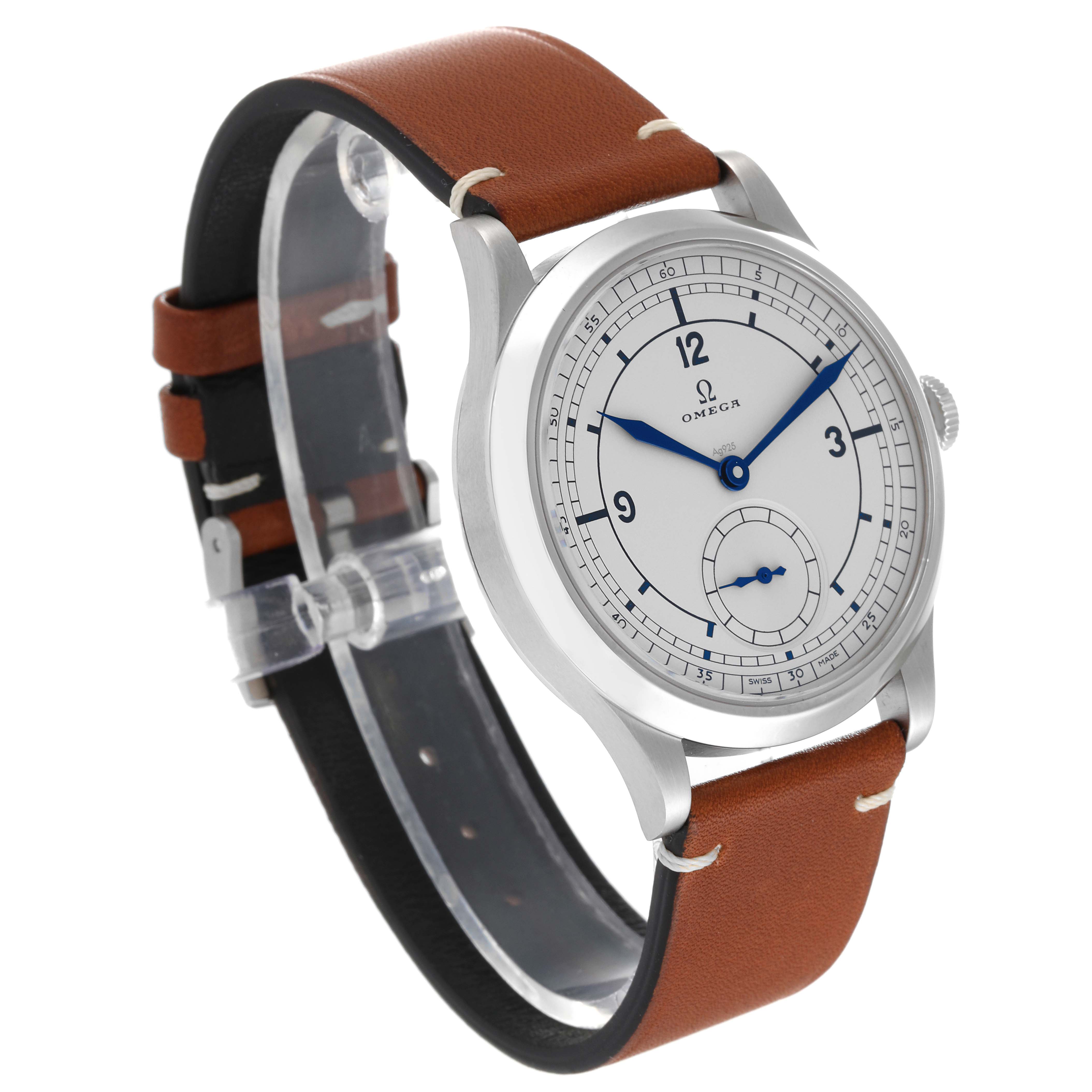 The Omega Museum 511.12.39.21.99.002 Men's Stainless Steel Grey Dial 511.12.39.21.99.002 Men's Stainless Steel Grey Dial model watch is shown at a three-quarter angle, highlighting its dial, case, and brown strap.