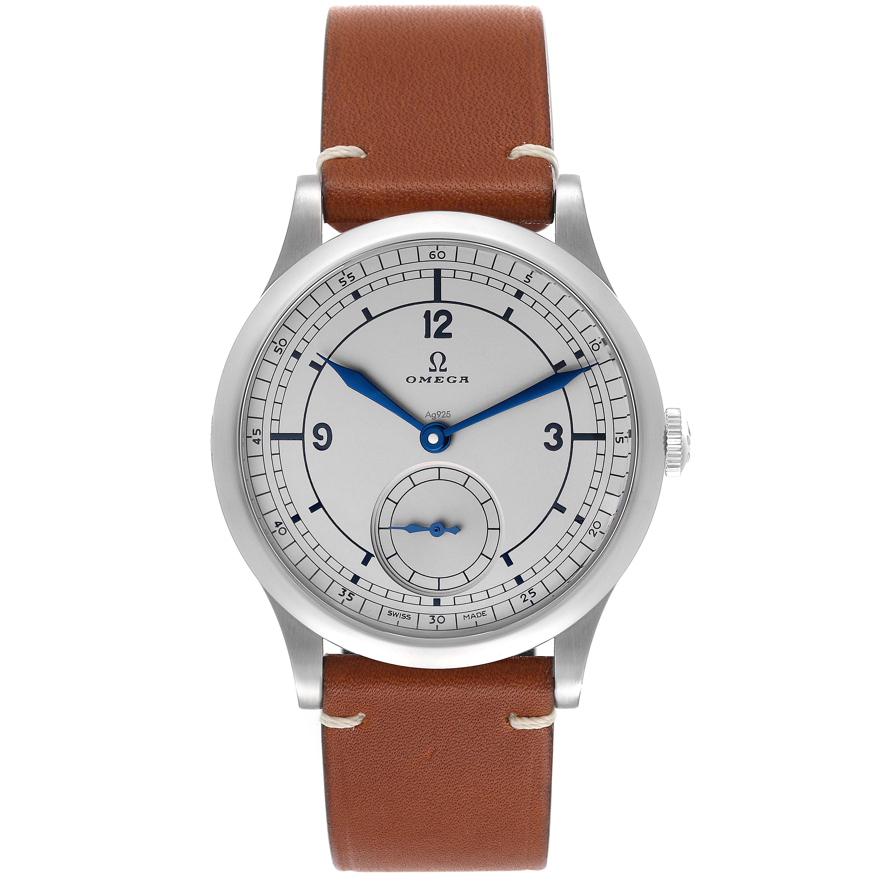 The image shows a front view of the Omega Museum 511.12.39.21.99.002 Men's Stainless Steel Grey Dial 511.12.39.21.99.002 Men's Stainless Steel Grey Dial model watch with a brown leather strap.