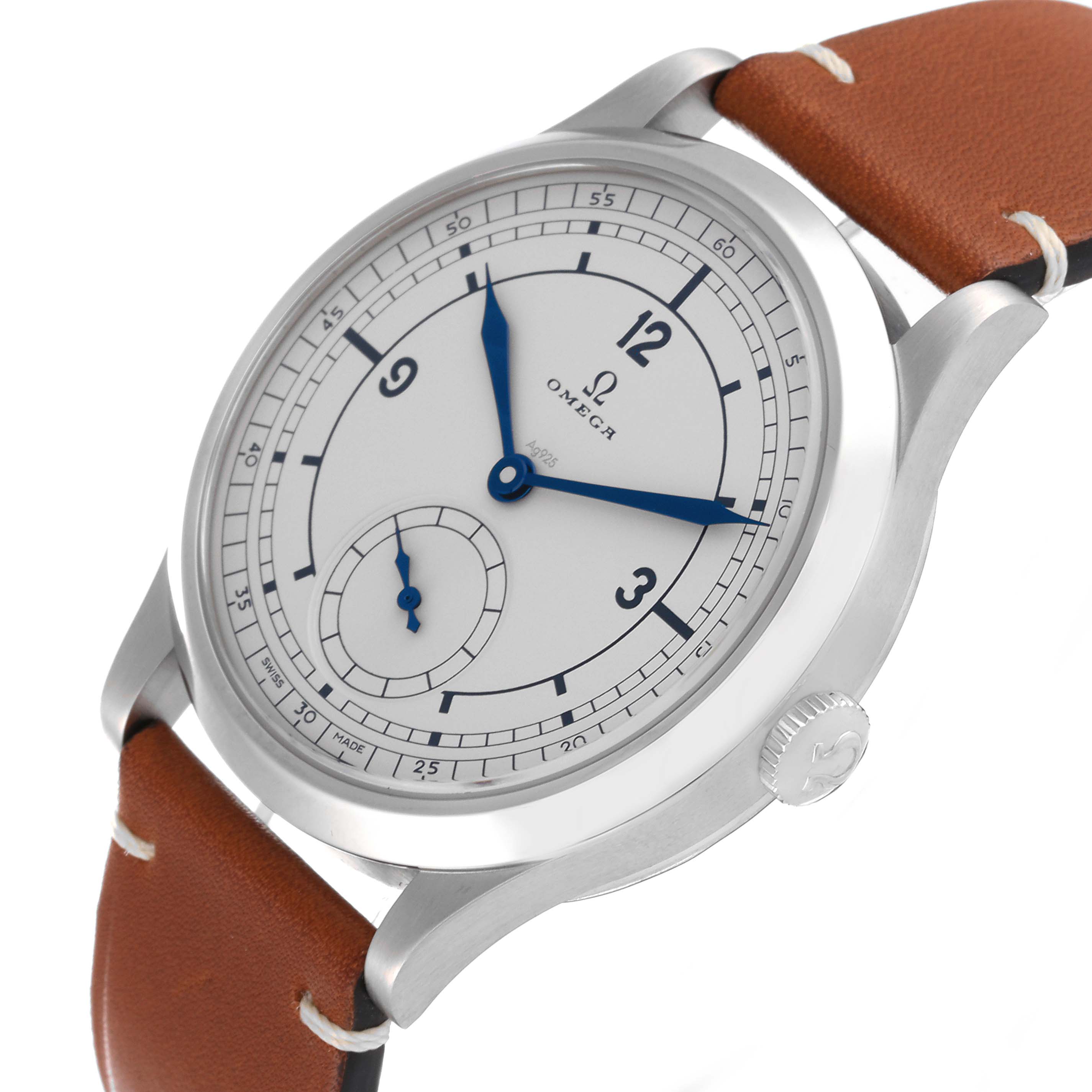 The image shows a Museum model watch by Omega at an angled view, highlighting the white dial, blue hands, and brown leather strap.