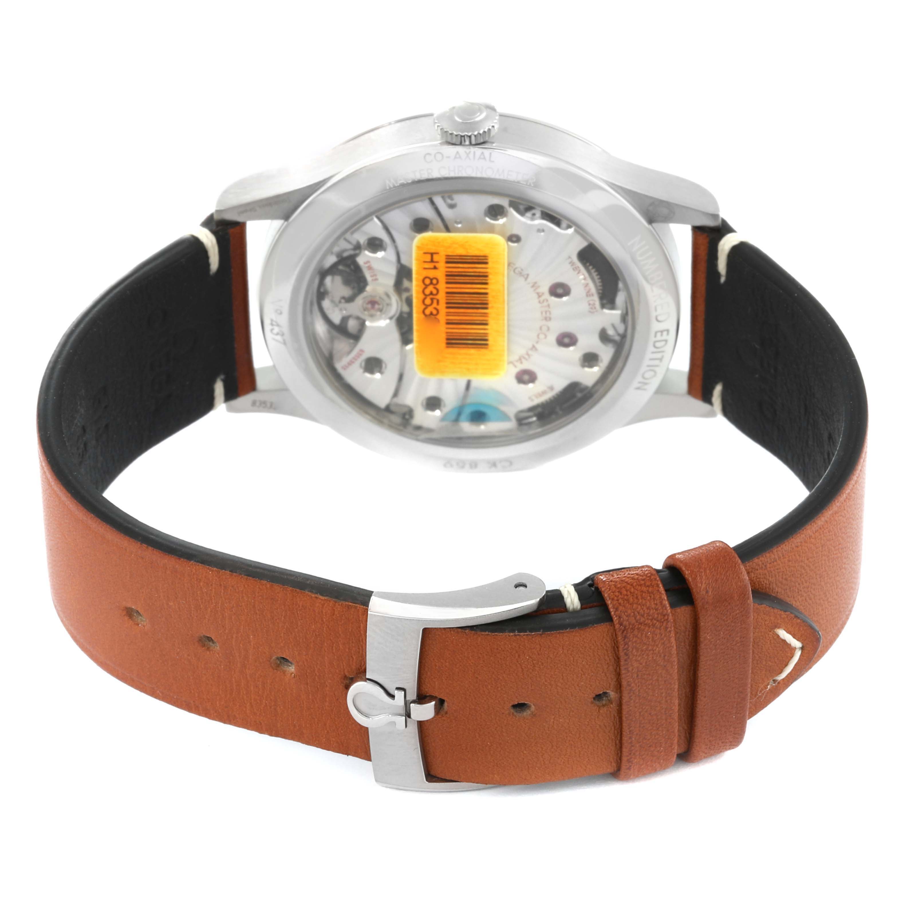 This image shows the back view of the Omega Museum 511.12.39.21.99.002 Men's Stainless Steel Grey Dial 511.12.39.21.99.002 Men's Stainless Steel Grey Dial watch, highlighting the leather strap and the watch's transparent case back with visible movement.