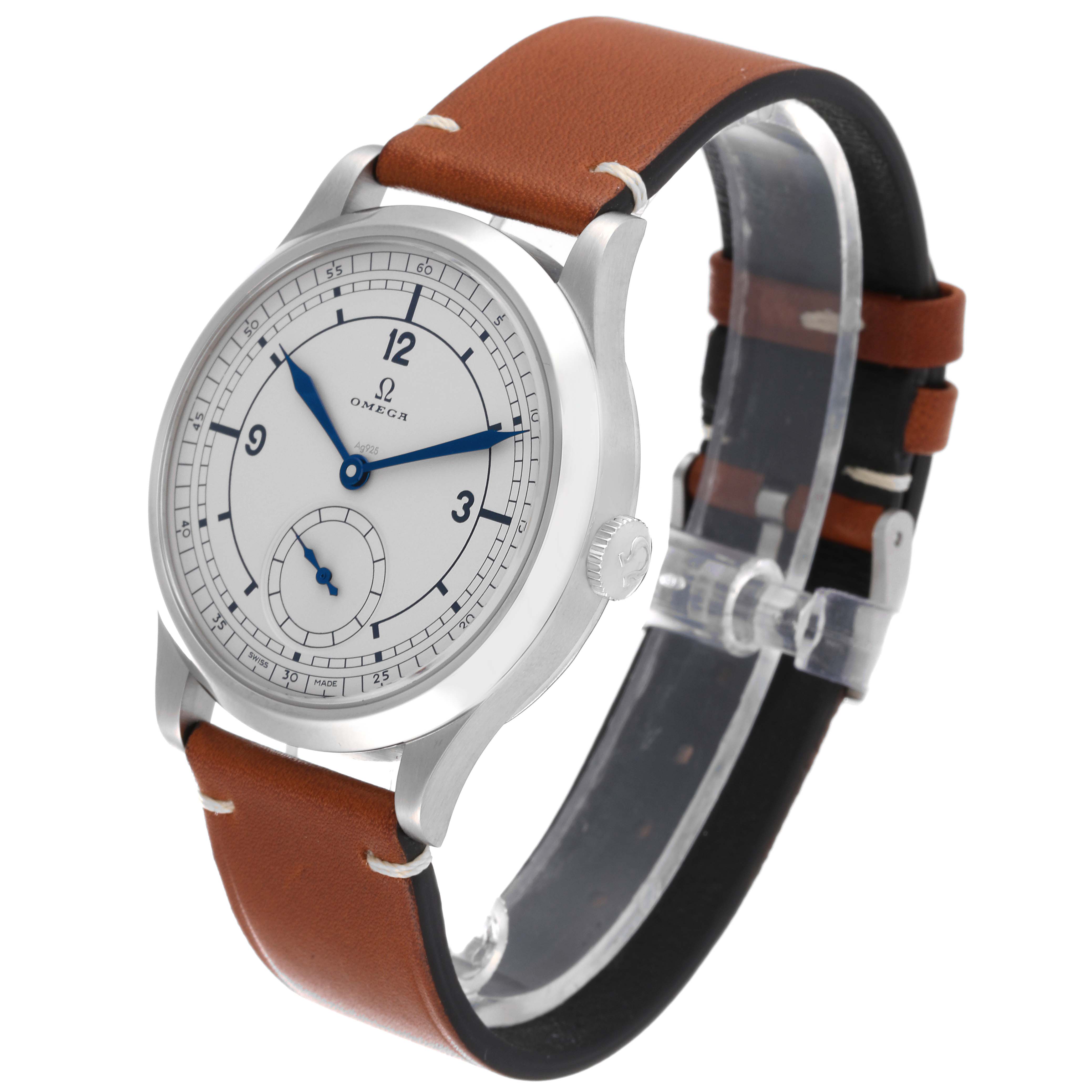 The Omega Museum 511.12.39.21.99.002 Men's Stainless Steel Grey Dial 511.12.39.21.99.002 Men's Stainless Steel Grey Dial model watch is shown at a three-quarter angle, highlighting the face, crown, and leather strap.