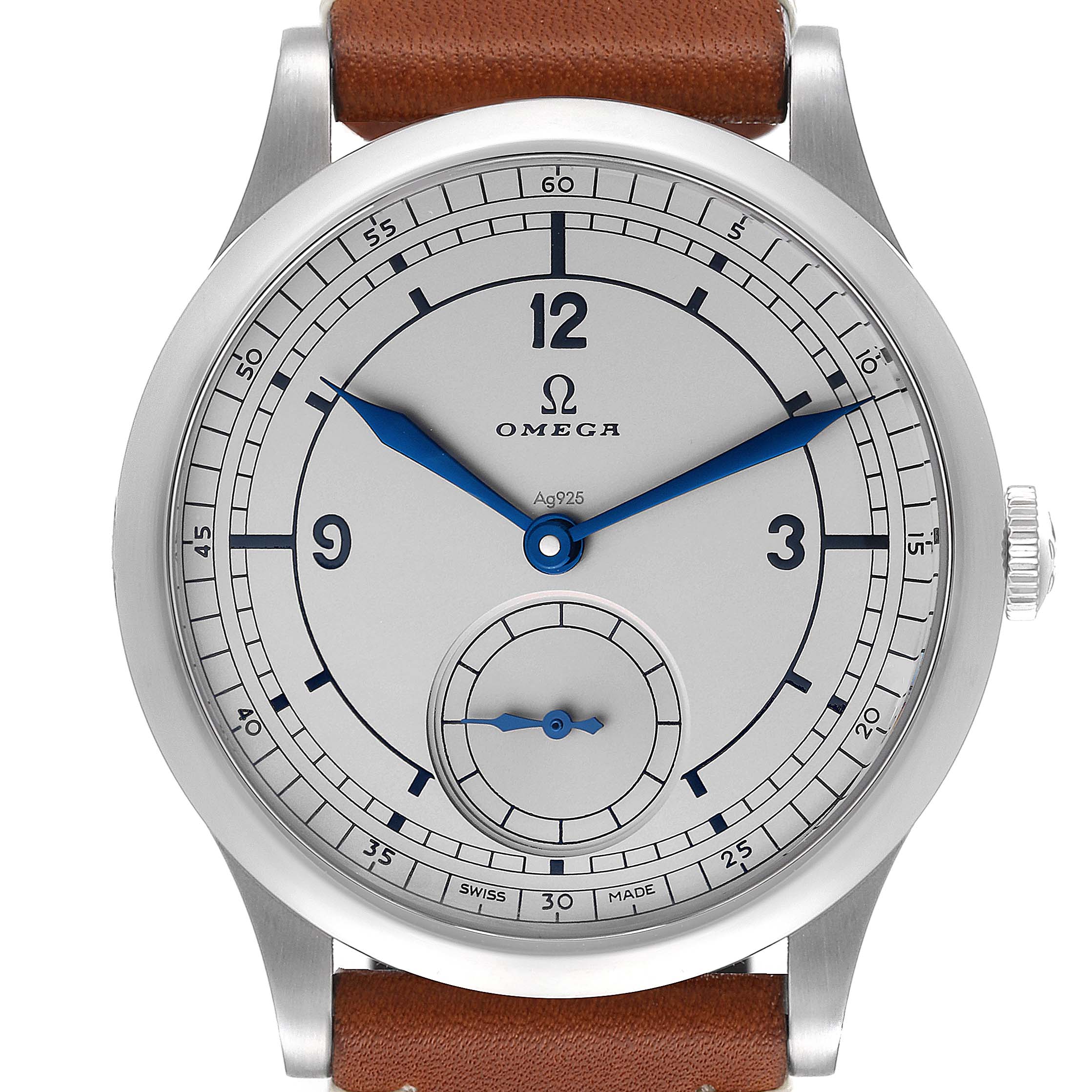 The watch, an Omega Museum 511.12.39.21.99.002 Men's Stainless Steel Grey Dial 511.12.39.21.99.002 Men's Stainless Steel Grey Dial model, is shown from a front view displaying its dial, hands, case, and part of the strap.