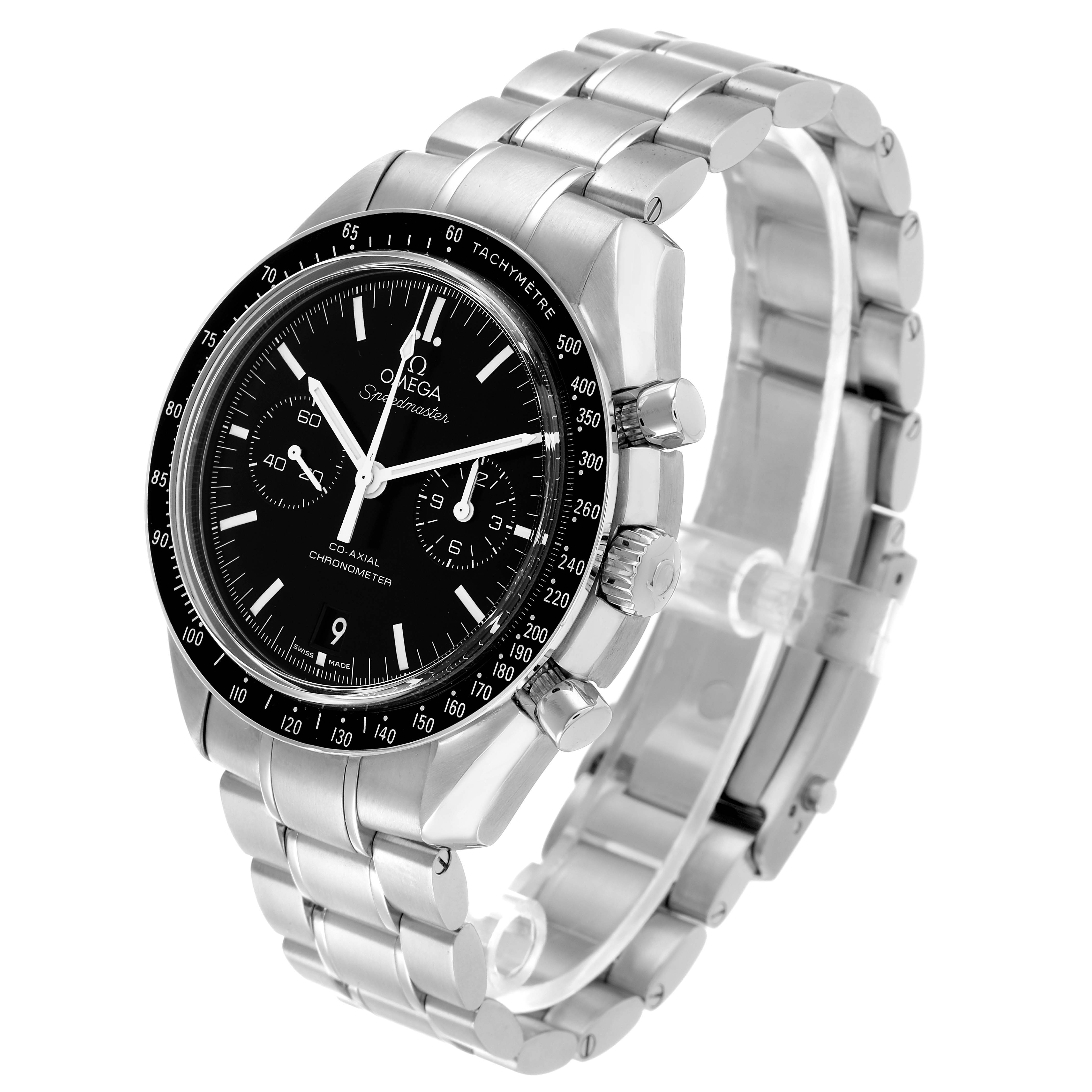 The Omega Speedmaster 311.30.44.51.01.002 Men's Stainless Steel Black Dial is shown at a three-quarter angle, highlighting the dial, tachymeter bezel, pushers, crown, and bracelet.