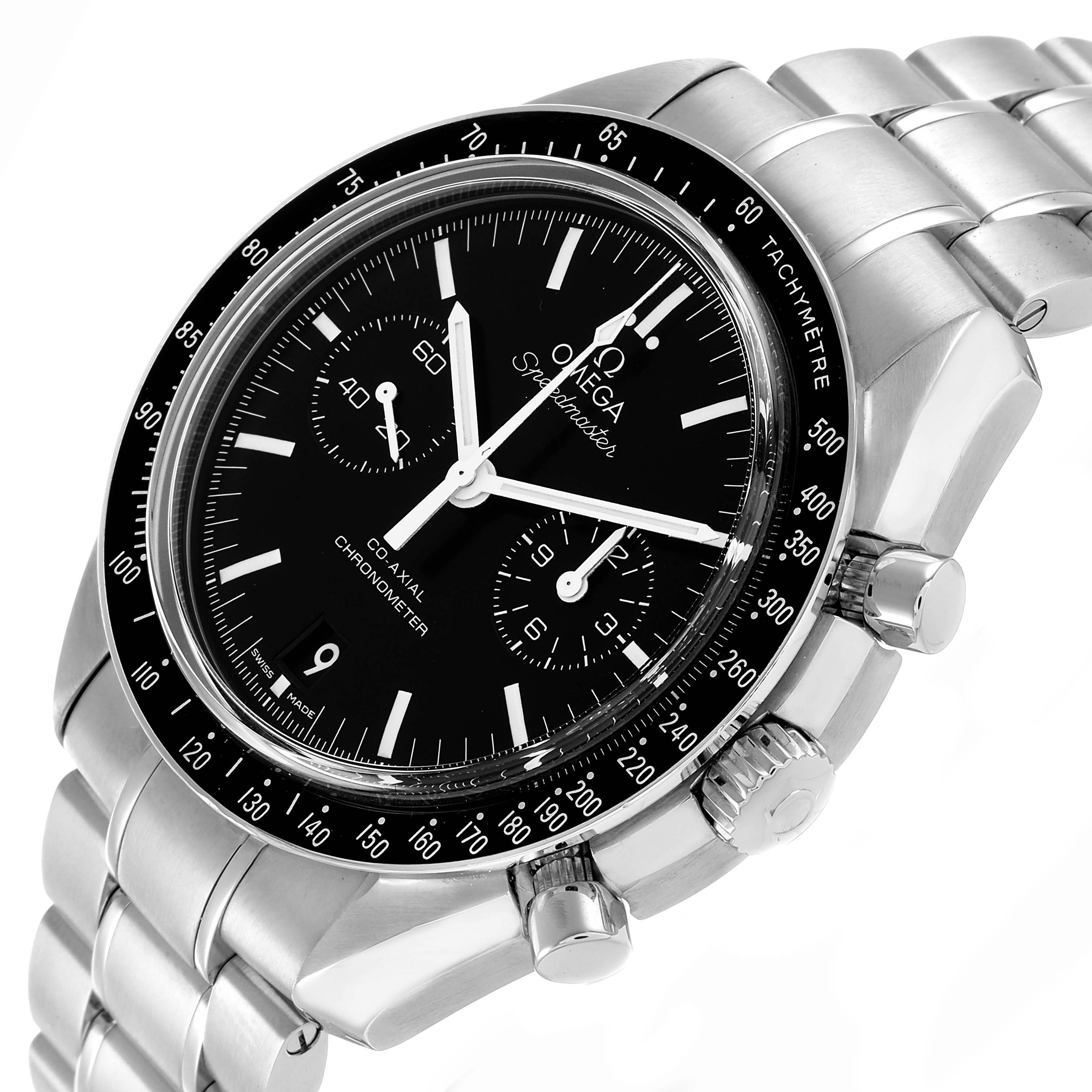 The Omega Speedmaster 311.30.44.51.01.002 Men's Stainless Steel Black Dial watch is shown from a slight side angle, highlighting the dial, bezel, pushers, and bracelet.