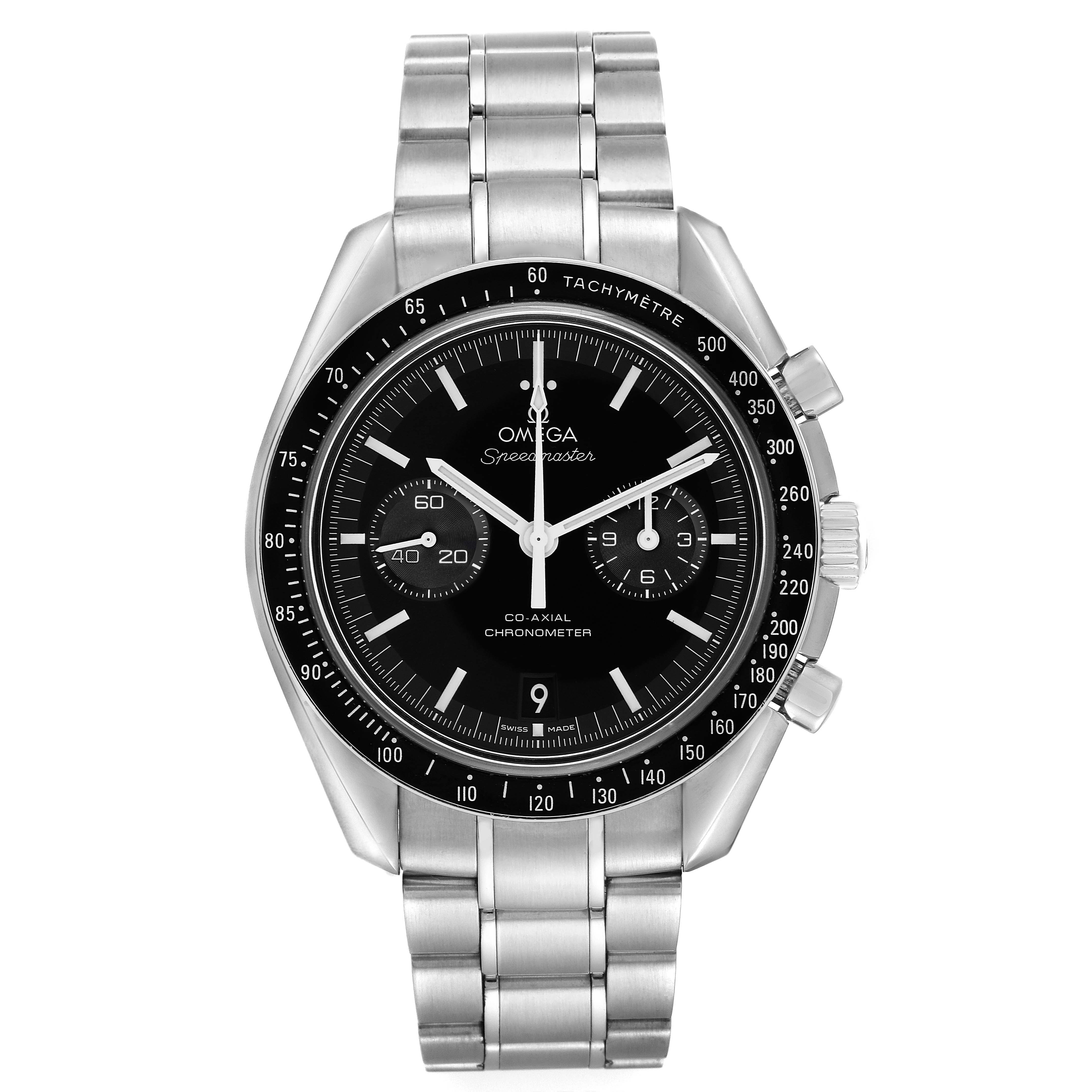 The Omega Speedmaster 311.30.44.51.01.002 Men's Stainless Steel Black Dial watch is shown from the front, highlighting the dial, bezel, pushers, and bracelet.