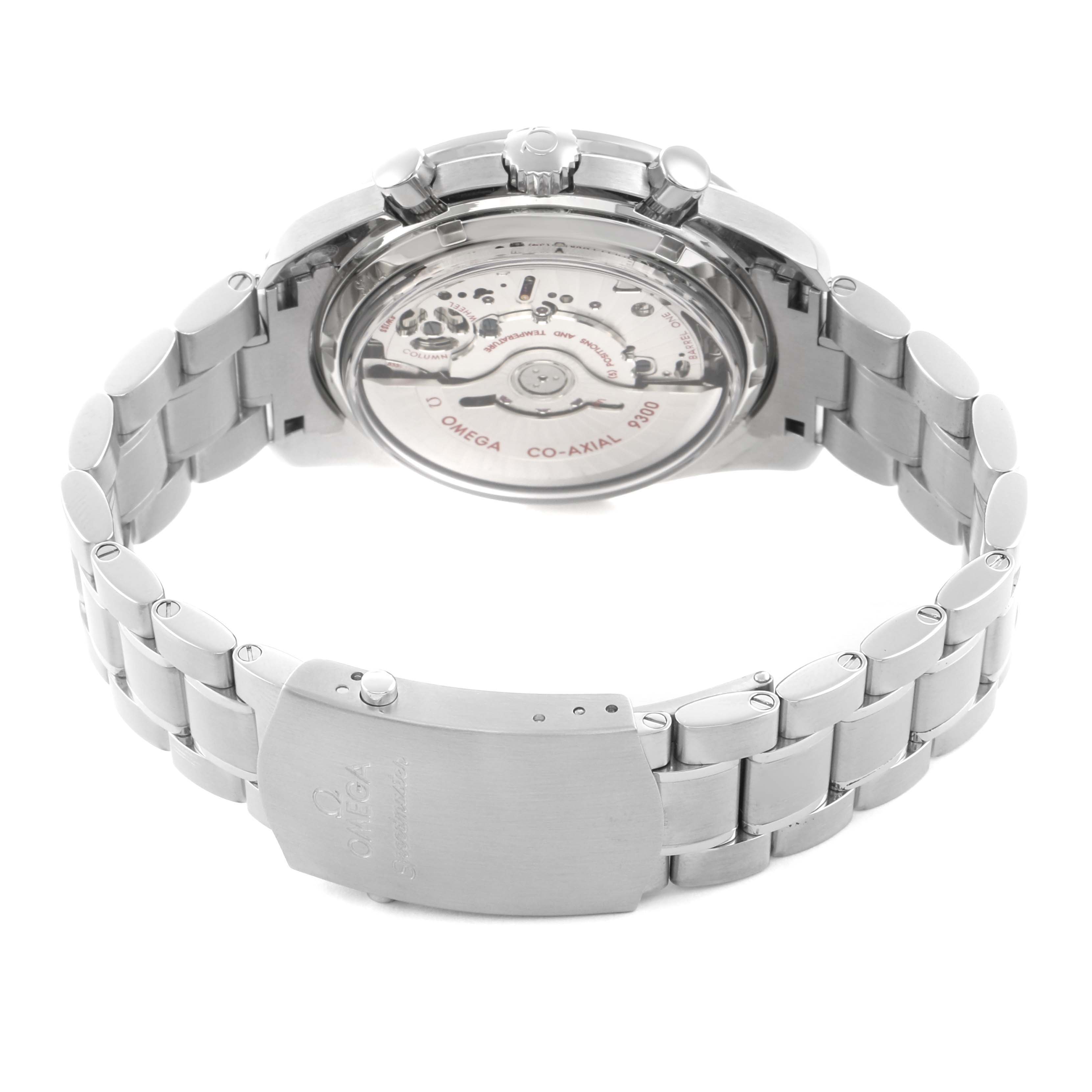 The image shows the Omega Speedmaster 311.30.44.51.01.002 Men's Stainless Steel Black Dial from a rear angle, highlighting the exhibition caseback and metal bracelet.