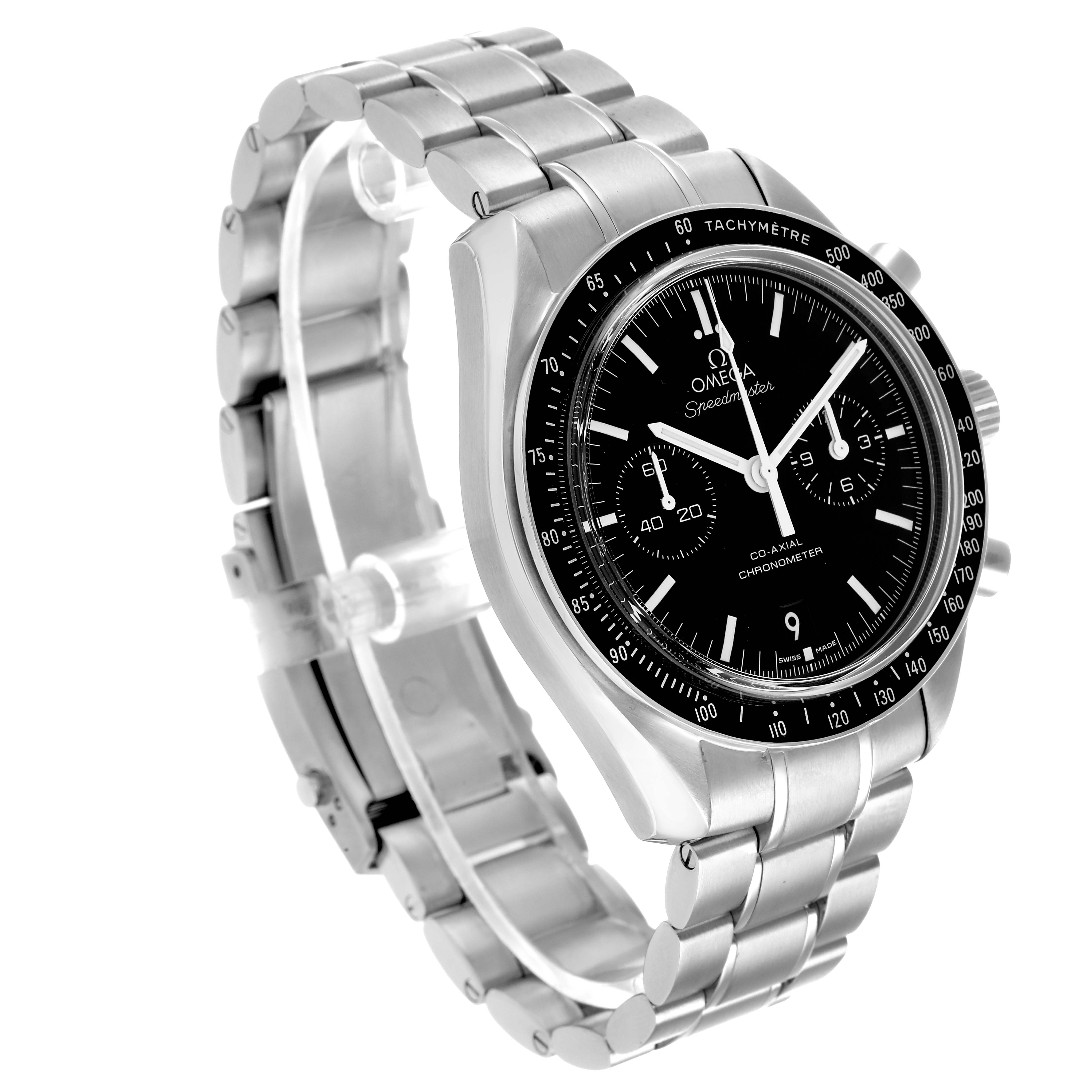 The Omega Speedmaster 311.30.44.51.01.002 Men's Stainless Steel Black Dial watch is shown at a three-quarter angle highlighting the face, bezel, and stainless steel bracelet.