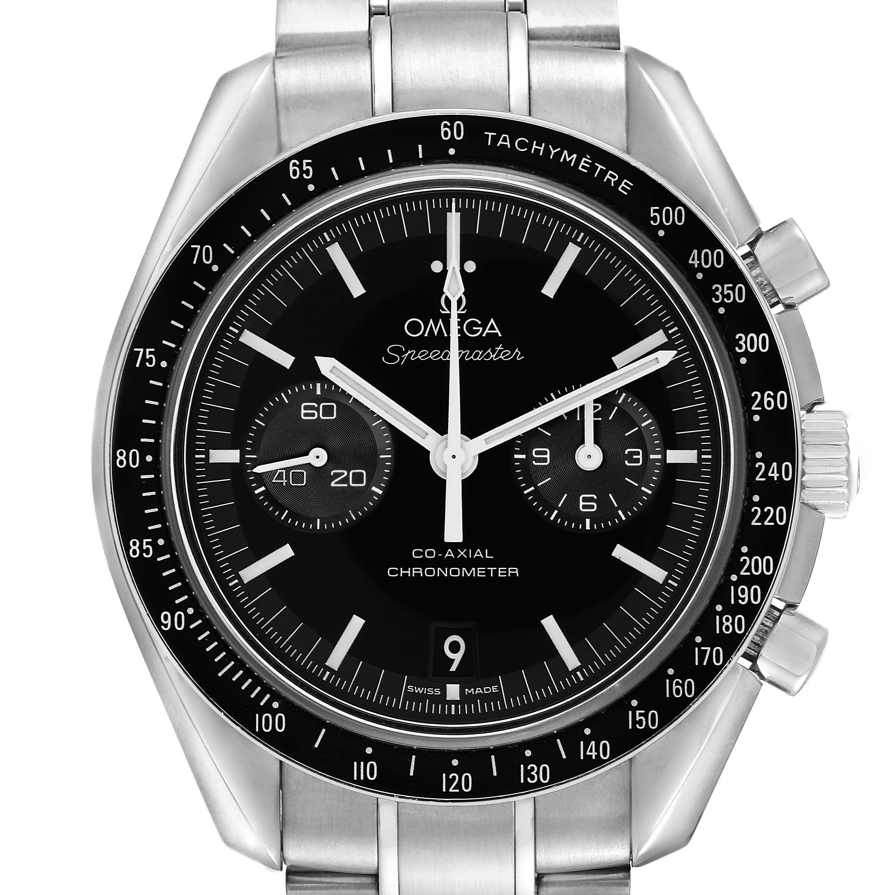 The Omega Speedmaster 311.30.44.51.01.002 Men's Stainless Steel Black Dial watch is shown from a straight-on angle, highlighting the dial, bezel, and part of the bracelet.