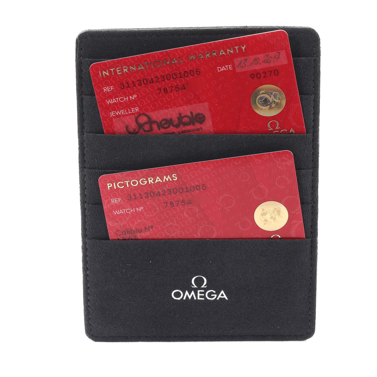 The image shows the warranty and pictogram cards for an Omega Speedmaster 311.30.42.30.01.005 Men's Stainless Steel Black Dial 311.30.42.30.01.005 Men's Stainless Steel Black Dial, placed in a black cardholder with the brand's logo.