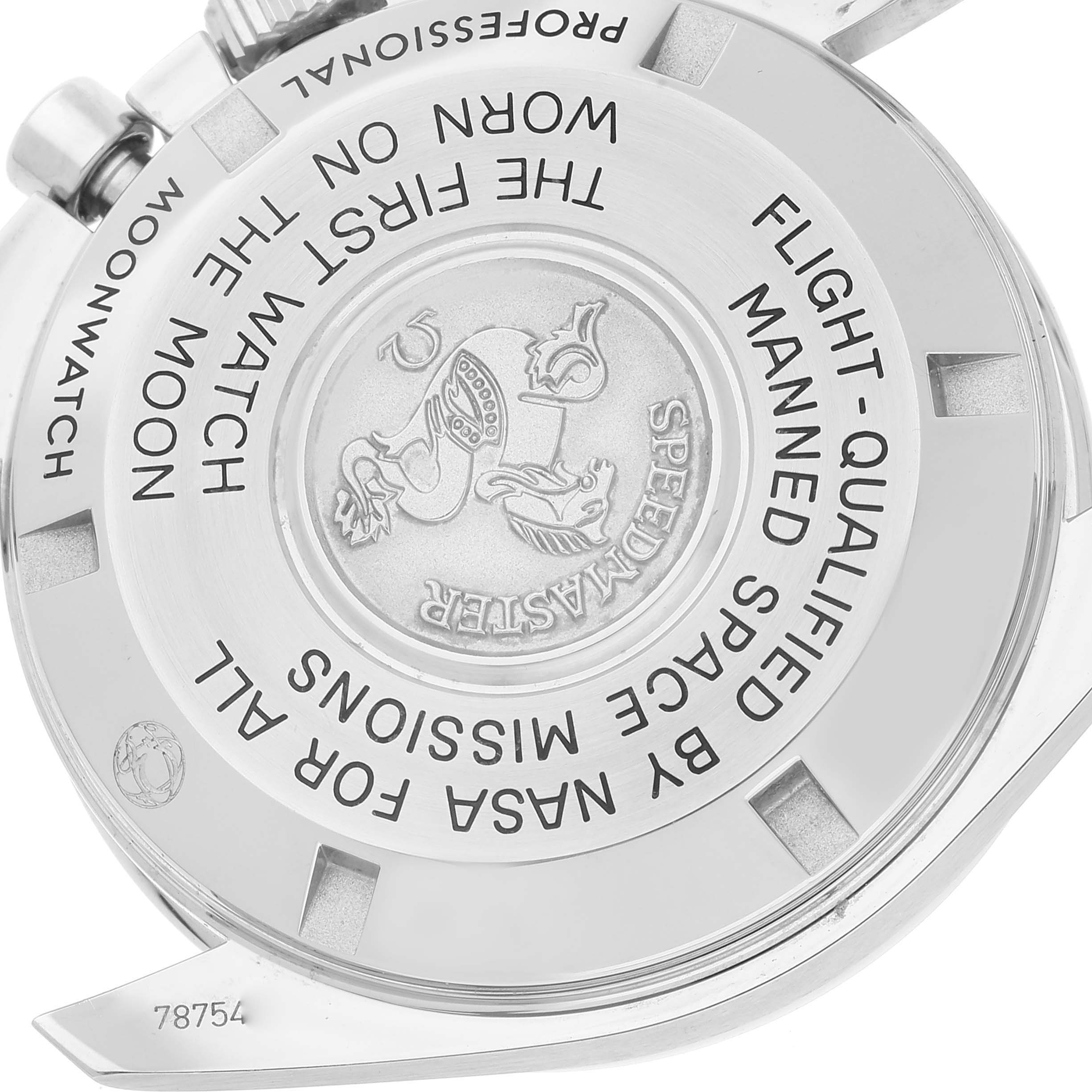 This image shows the case back of an Omega Speedmaster 311.30.42.30.01.005 Men's Stainless Steel Black Dial 311.30.42.30.01.005 Men's Stainless Steel Black Dial watch, emphasizing its engravings and logo.