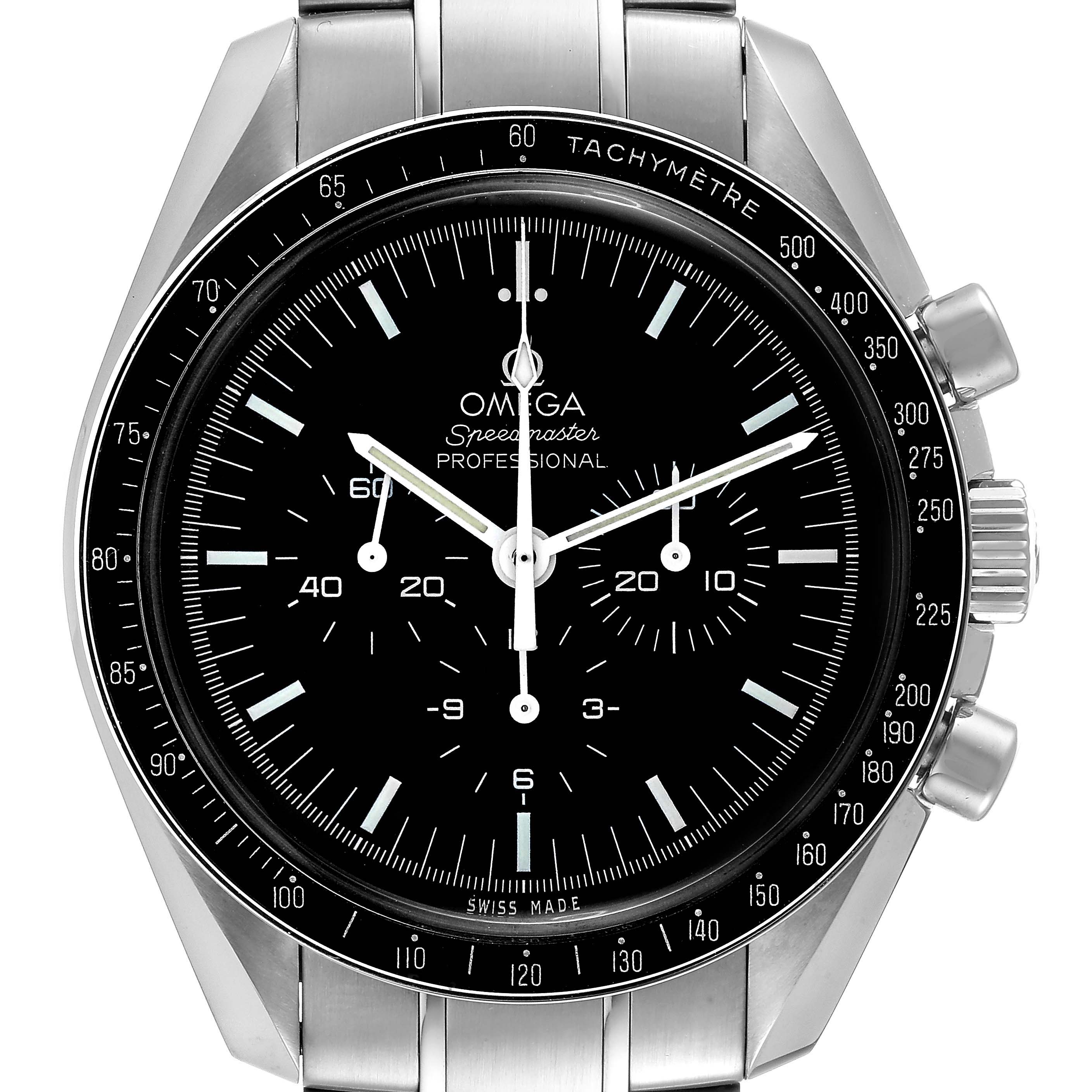 The image shows a front-facing view of the Omega Speedmaster 311.30.42.30.01.005 Men's Stainless Steel Black Dial 311.30.42.30.01.005 Men's Stainless Steel Black Dial watch, highlighting the bezel, dial, subdials, and pushers.