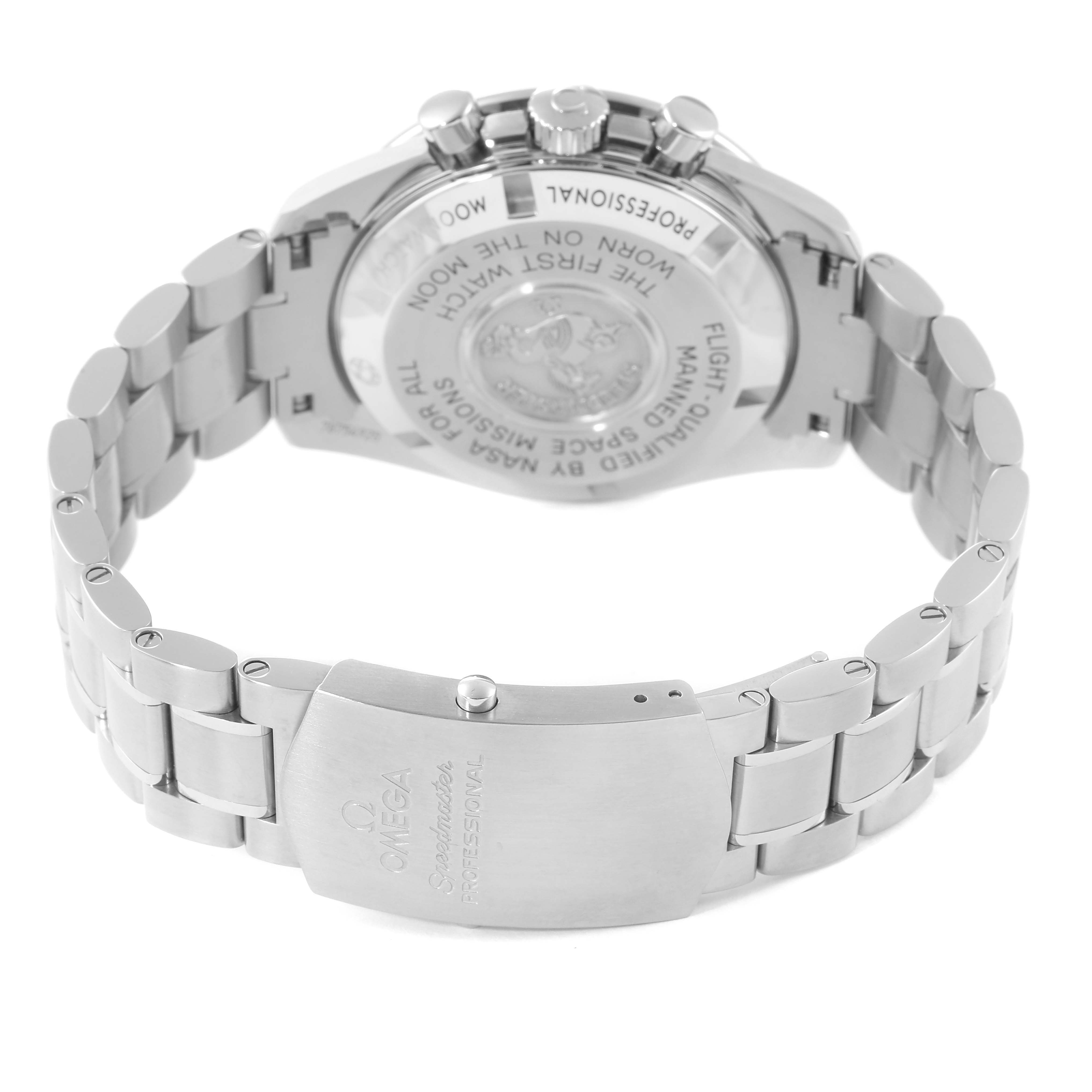 This image shows the Omega Speedmaster 311.30.42.30.01.005 Men's Stainless Steel Black Dial 311.30.42.30.01.005 Men's Stainless Steel Black Dial's clasp and caseback, highlighting the watch's bracelet and engraved details on the back.