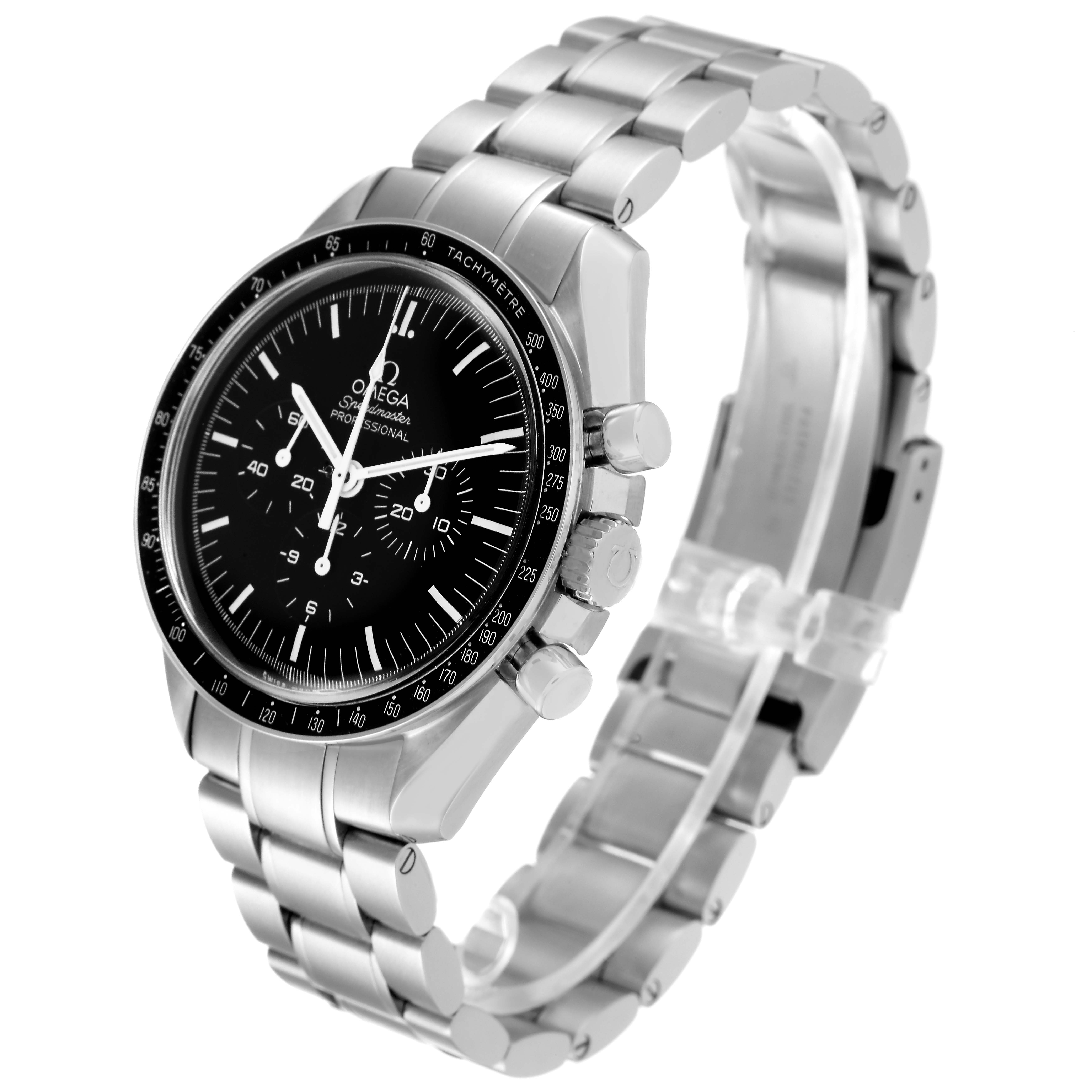 The Omega Speedmaster 311.30.42.30.01.005 Men's Stainless Steel Black Dial 311.30.42.30.01.005 Men's Stainless Steel Black Dial watch is shown at a slightly tilted front angle, displaying the dial, bezel, bracelet, and push-buttons.