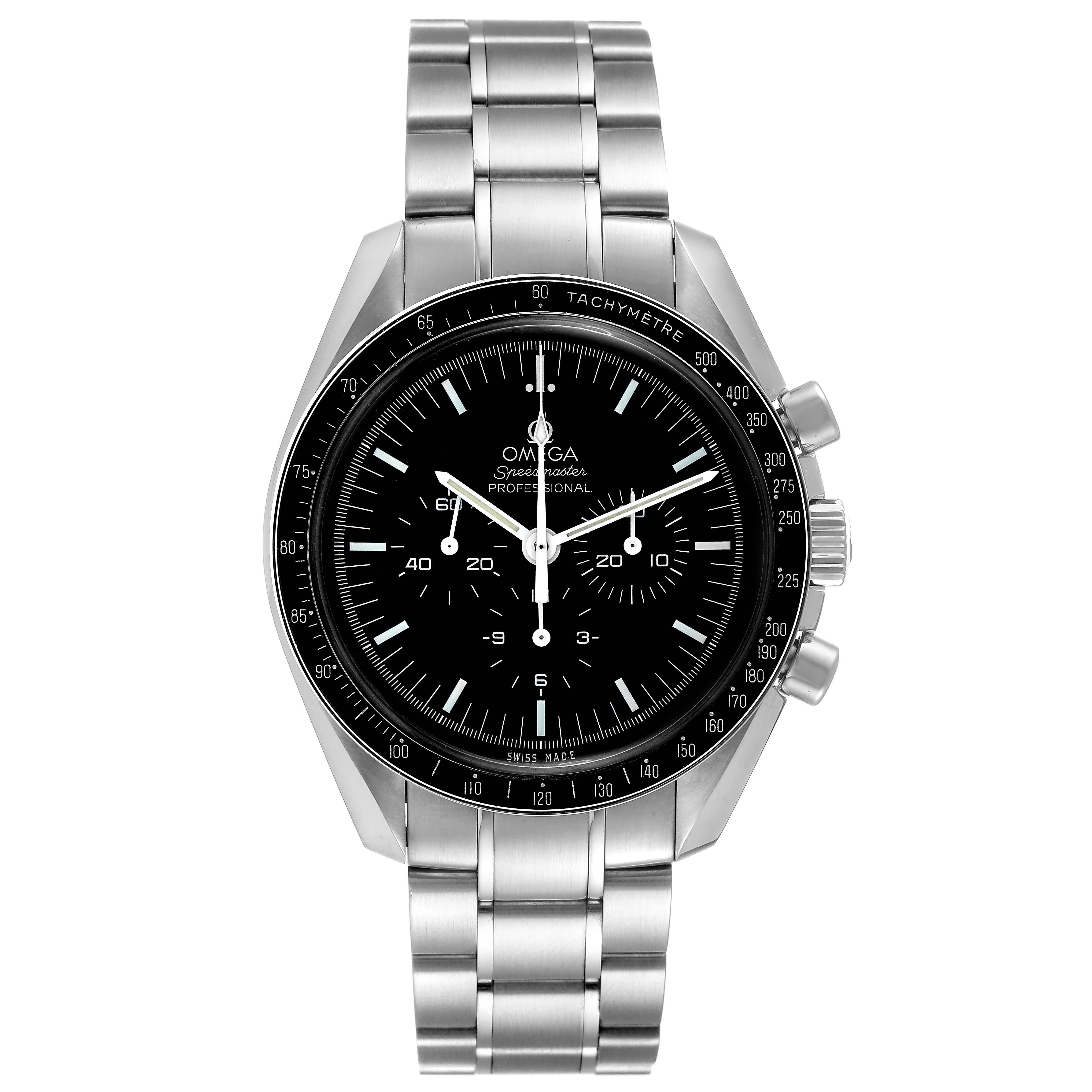 The image shows a frontal view of an Omega Speedmaster 311.30.42.30.01.005 Men's Stainless Steel Black Dial 311.30.42.30.01.005 Men's Stainless Steel Black Dial Professional watch, highlighting the dial, bezel, and stainless steel bracelet.