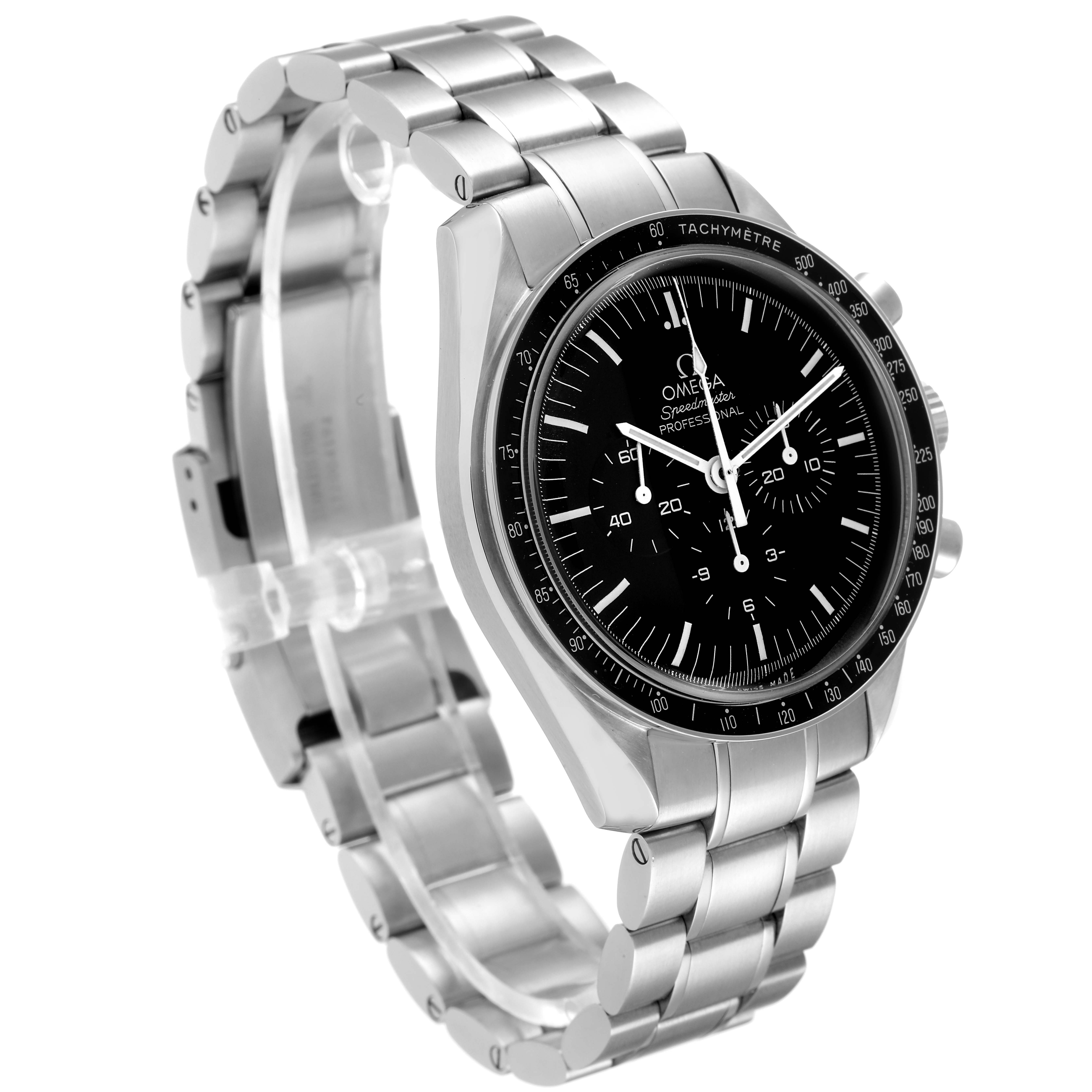 The Omega Speedmaster 311.30.42.30.01.005 Men's Stainless Steel Black Dial 311.30.42.30.01.005 Men's Stainless Steel Black Dial watch is shown at an angled view, displaying its dial, bezel, and metal bracelet.
