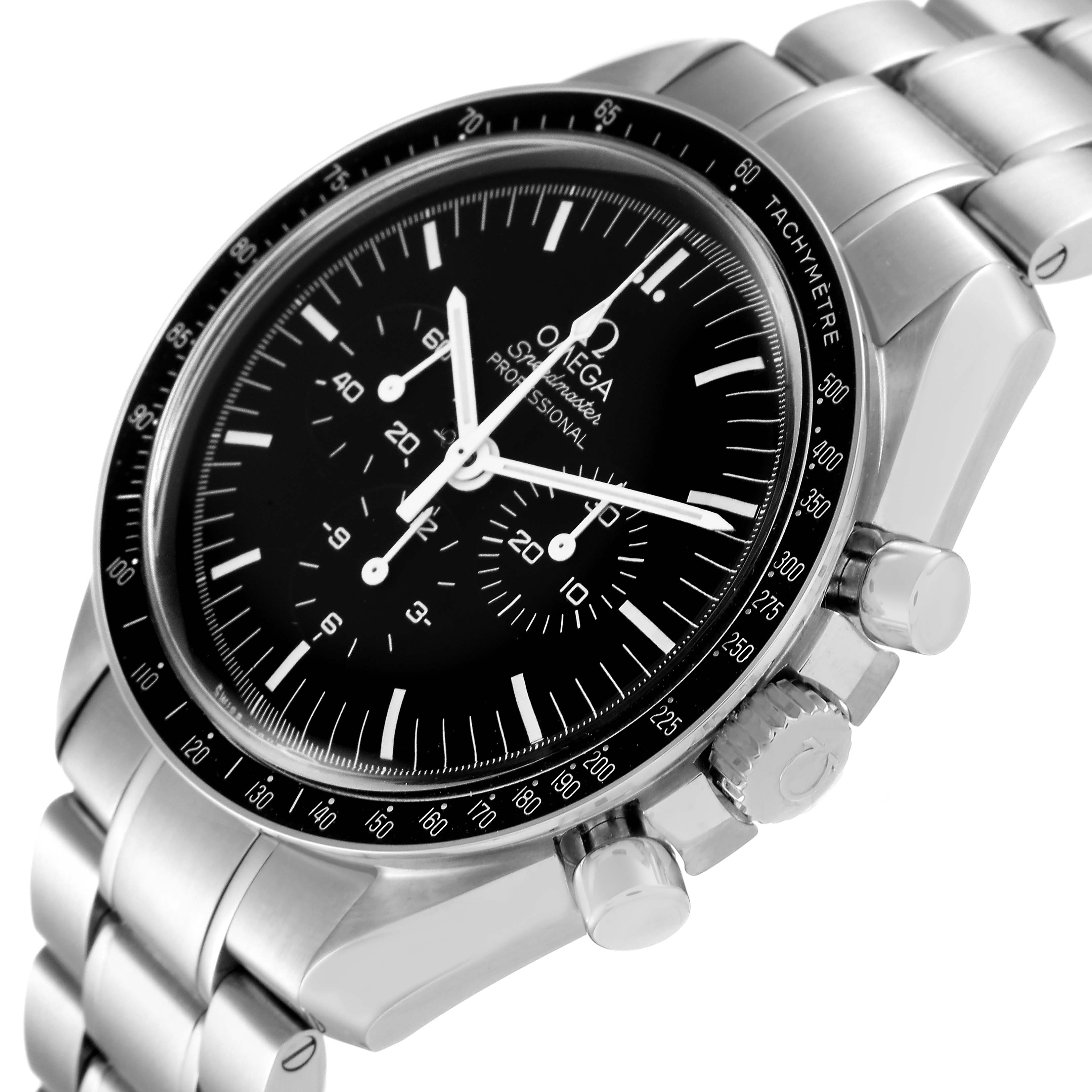 This image shows the dial, bezel, and bracelet of the Omega Speedmaster 311.30.42.30.01.005 Men's Stainless Steel Black Dial 311.30.42.30.01.005 Men's Stainless Steel Black Dial watch at an angled view.