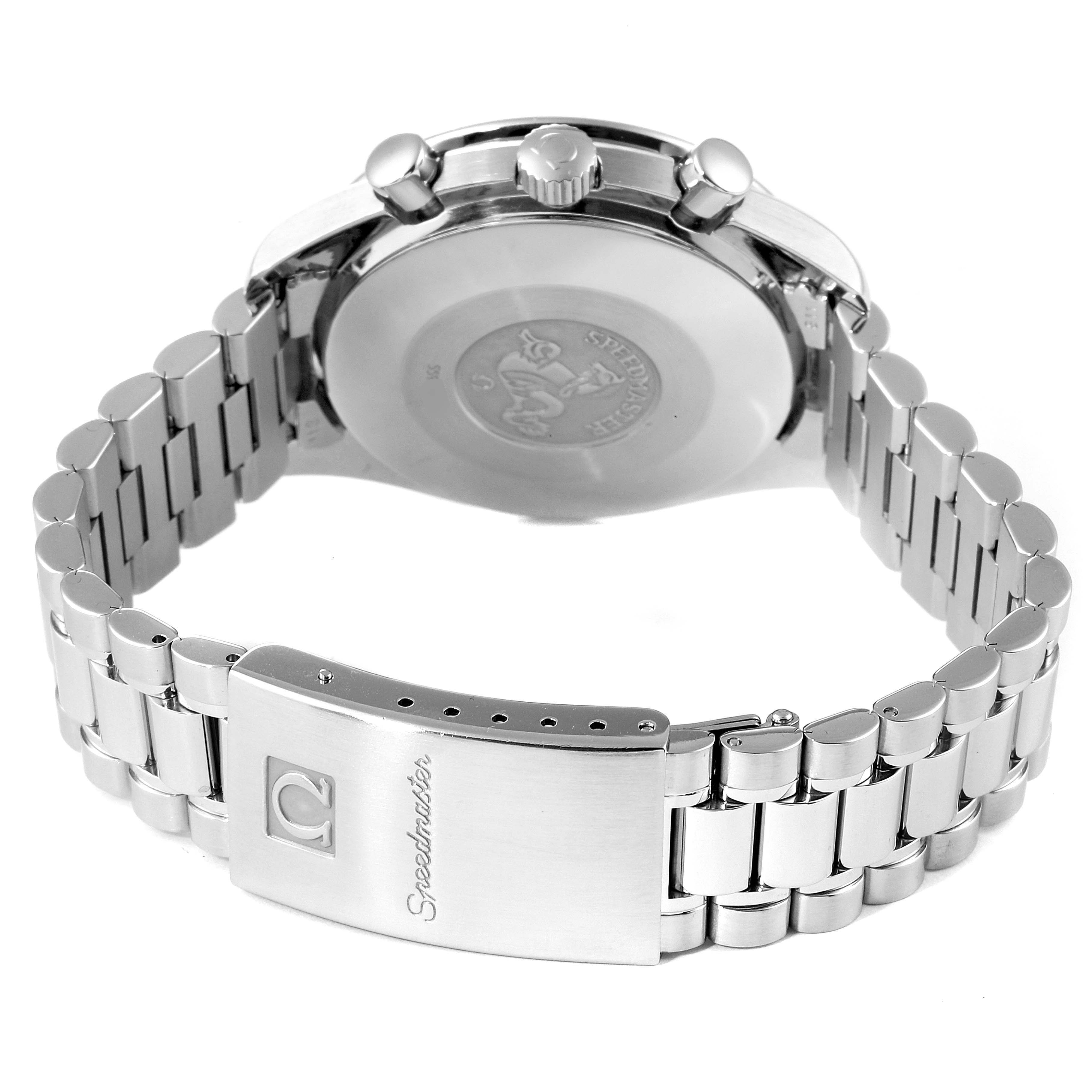 The image shows the back case and bracelet of an Omega Speedmaster 3510.12.00 Men's Stainless Steel Yellow Dial 3510.12.00 Men's Stainless Steel Yellow Dial watch from a rear angle.