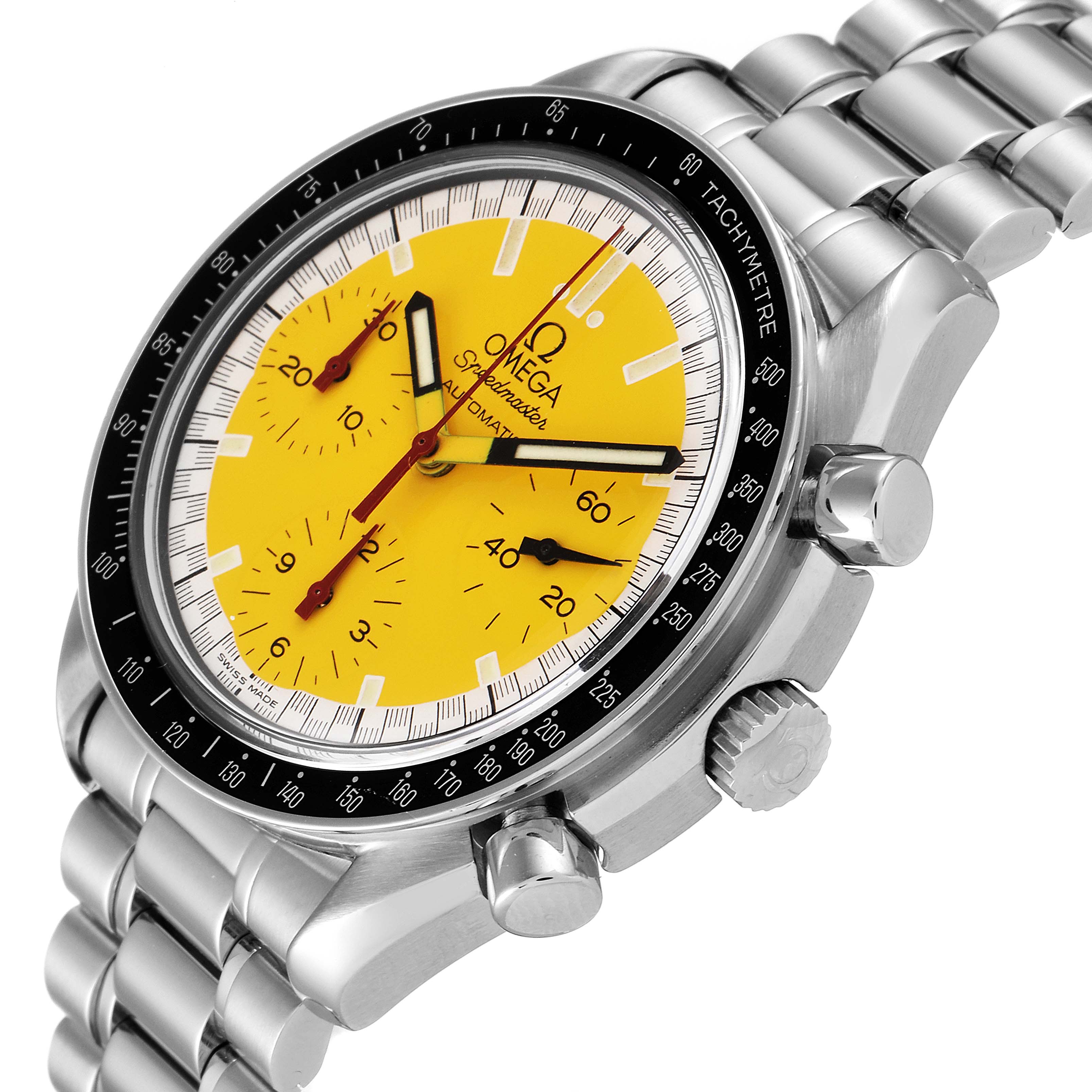 This image shows an Omega Speedmaster 3510.12.00 Men's Stainless Steel Yellow Dial 3510.12.00 Men's Stainless Steel Yellow Dial watch at an oblique angle, highlighting the dial, bezel, crown, and part of the bracelet.