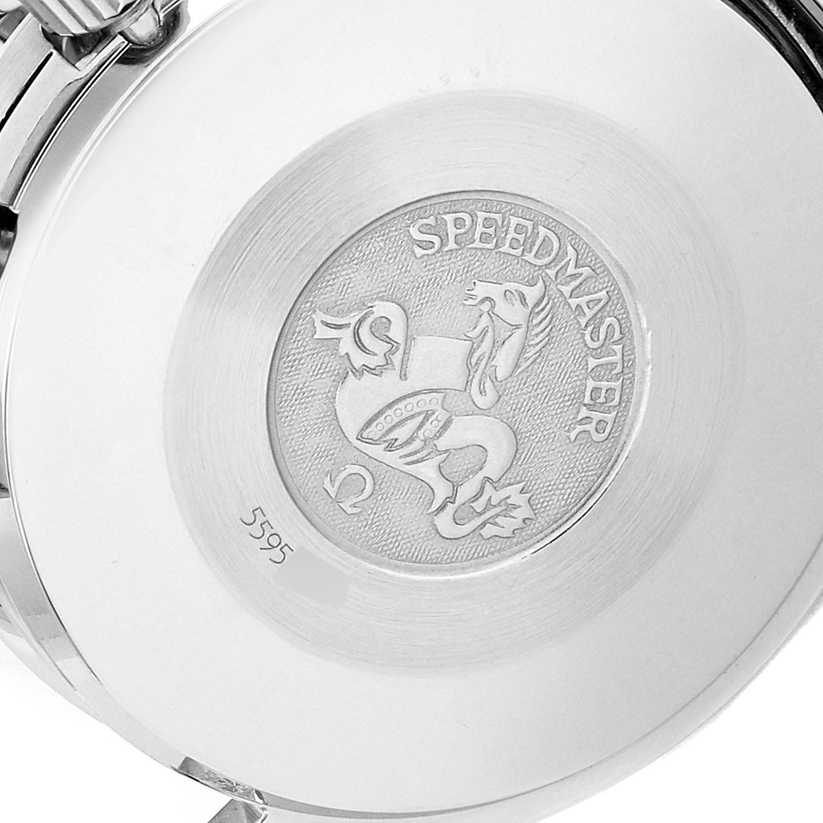 This image shows the engraved case back of the Omega Speedmaster 3510.12.00 Men's Stainless Steel Yellow Dial 3510.12.00 Men's Stainless Steel Yellow Dial watch.