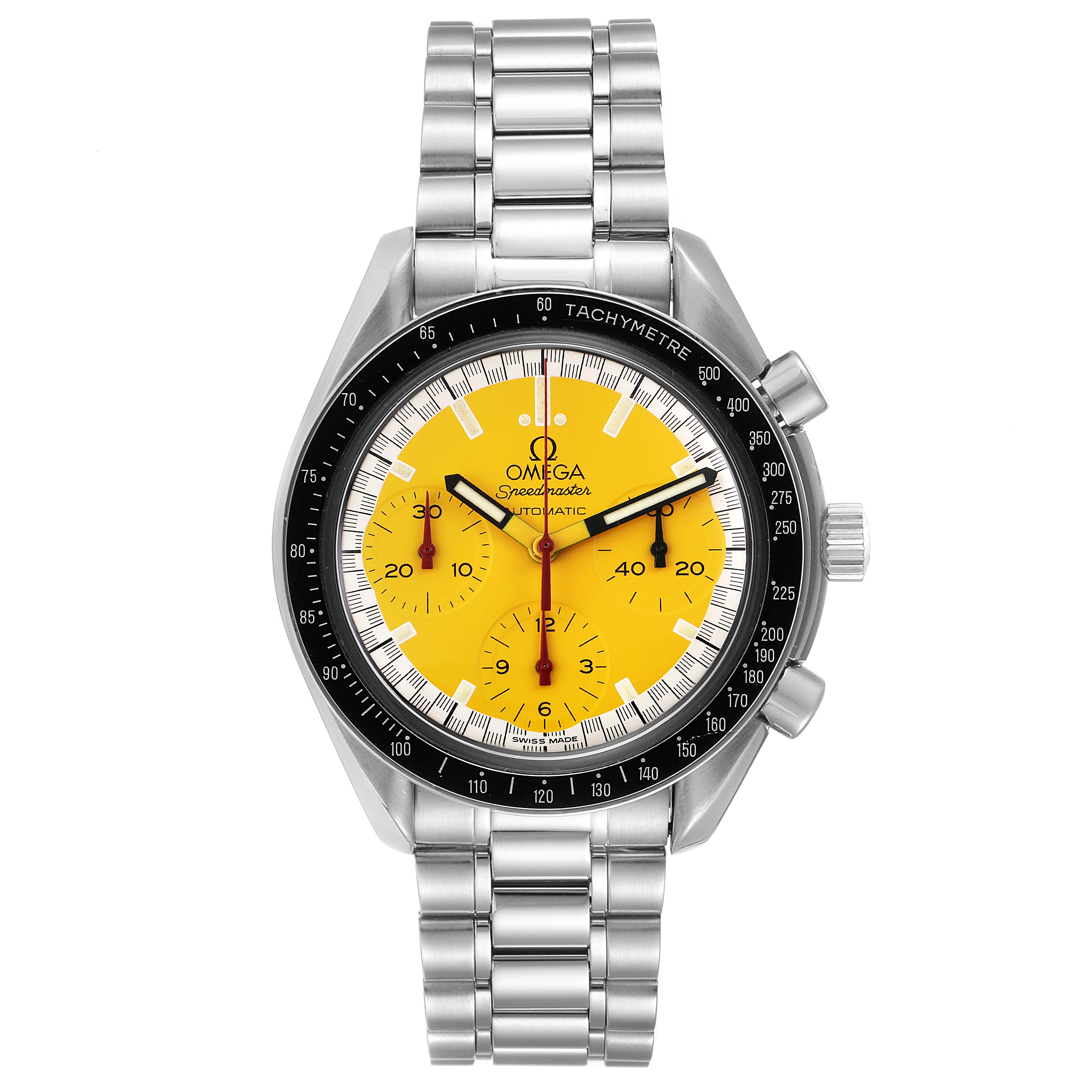 This image shows a frontal view of the Omega Speedmaster 3510.12.00 Men's Stainless Steel Yellow Dial 3510.12.00 Men's Stainless Steel Yellow Dial watch with a yellow dial and a stainless steel bracelet.
