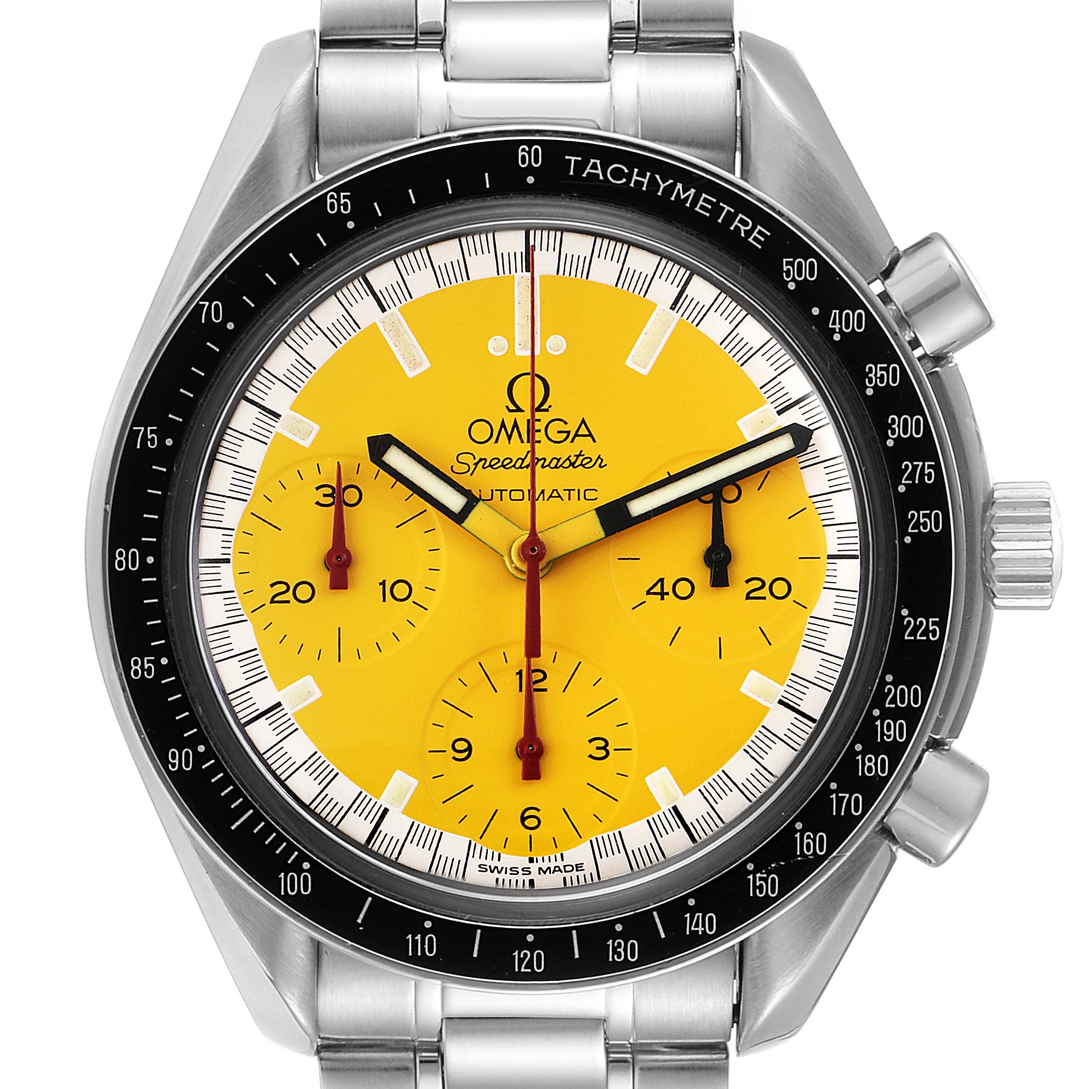 The Omega Speedmaster 3510.12.00 Men's Stainless Steel Yellow Dial 3510.12.00 Men's Stainless Steel Yellow Dial watch is shown from a front angle, displaying its yellow dial, subdials, and stainless steel bracelet.