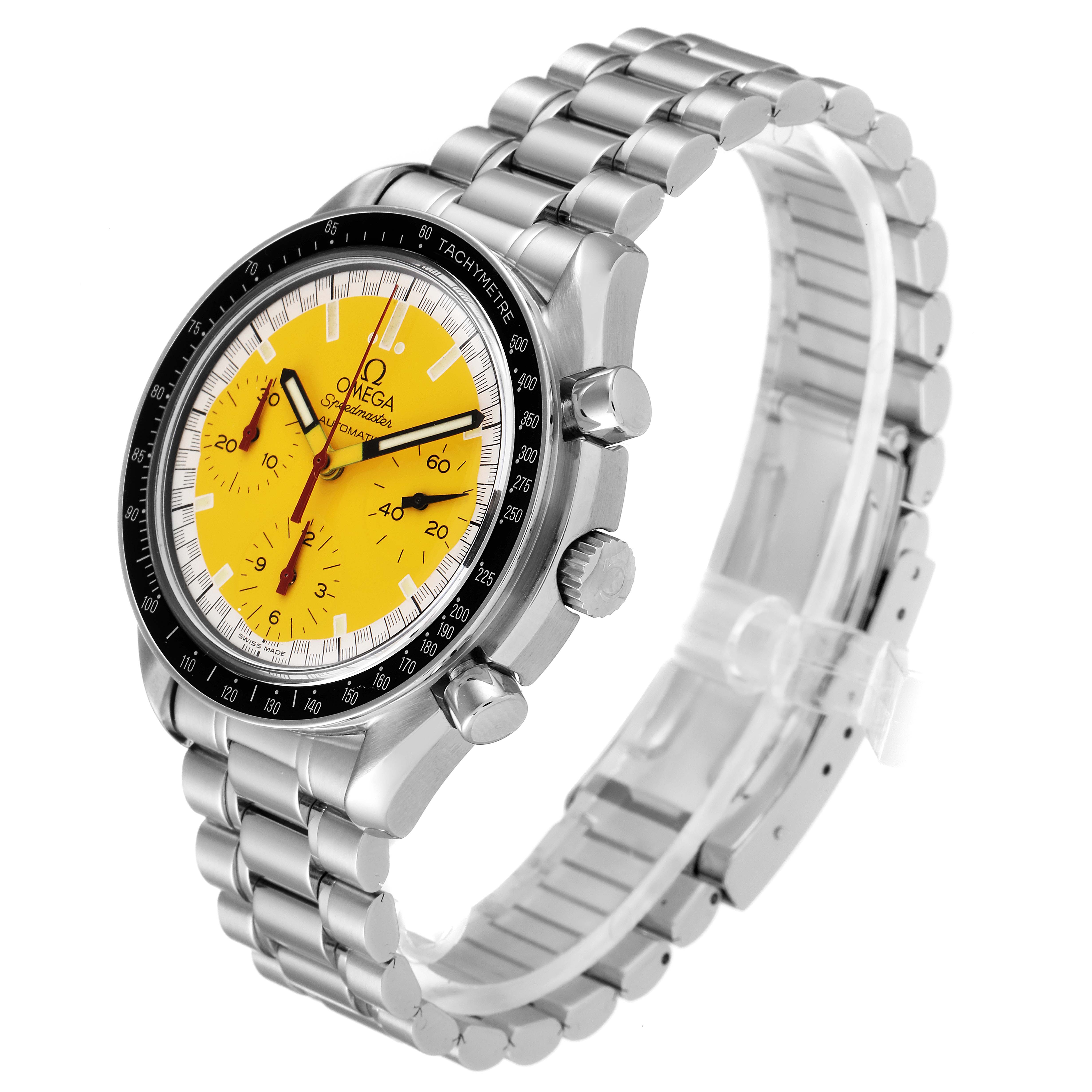 The image shows an Omega Speedmaster 3510.12.00 Men's Stainless Steel Yellow Dial 3510.12.00 Men's Stainless Steel Yellow Dial watch from a front-right angle highlighting its yellow dial, bezel, and stainless steel bracelet.