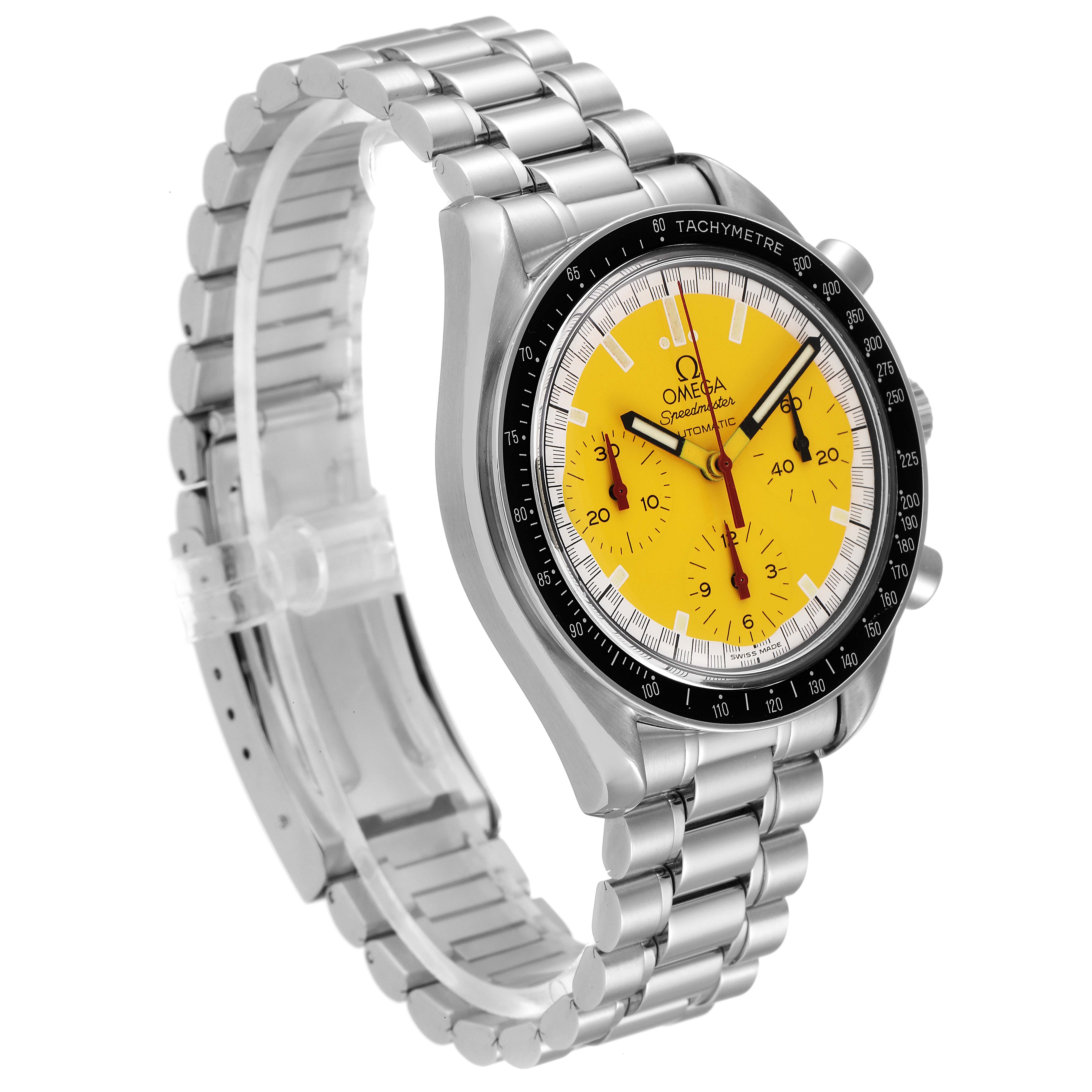 The Omega Speedmaster 3510.12.00 Men's Stainless Steel Yellow Dial 3510.12.00 Men's Stainless Steel Yellow Dial watch is shown at a slight angle, displaying its yellow dial, tachymeter bezel, and stainless steel bracelet.
