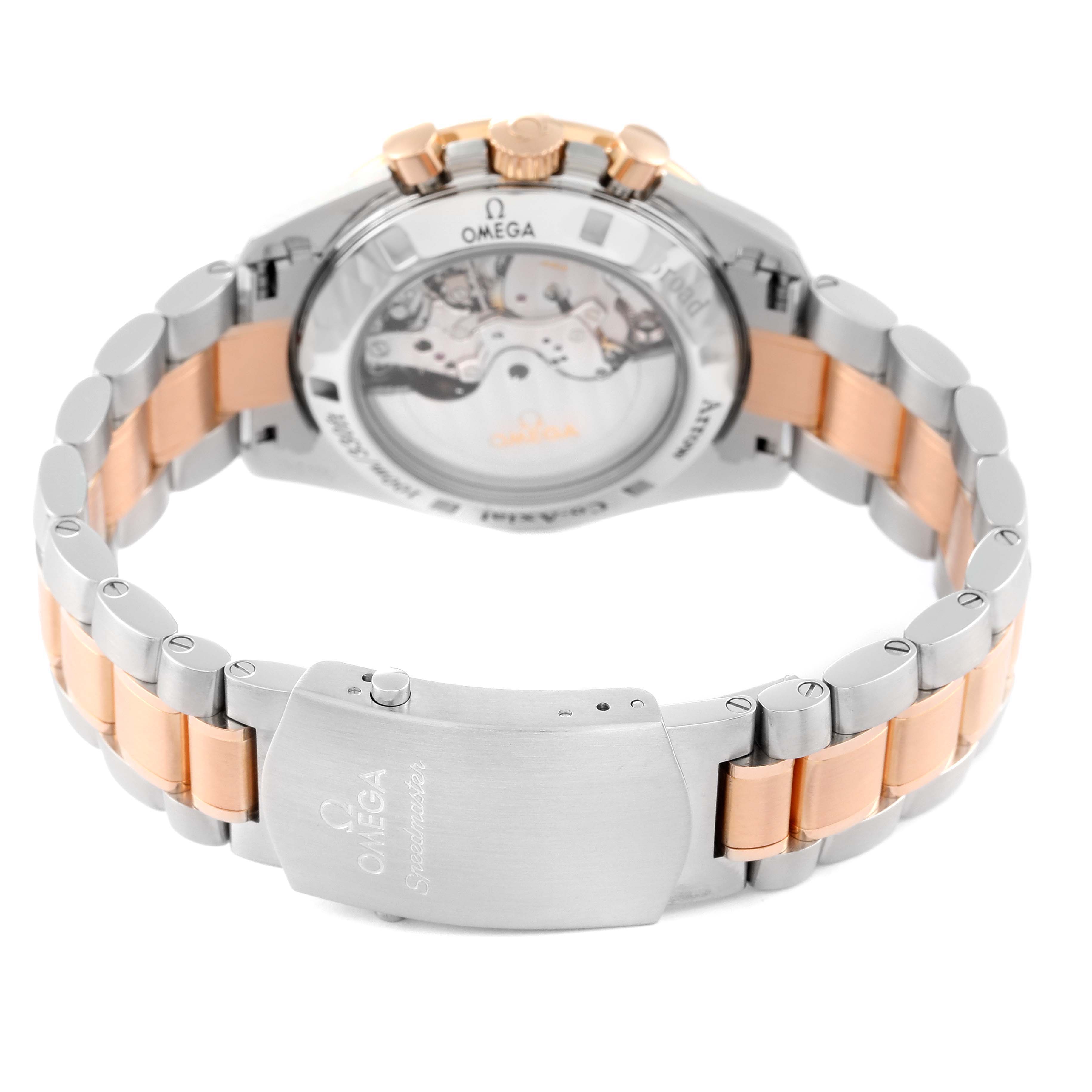 The Omega Speedmaster 321.90.42.50.13.001 Men's Steel and Gold (two tone) Brown Dial 321.90.42.50.13.001 Men's Steel and Gold (two tone) Brown Dial watch is shown from the back, highlighting the case back, bracelet, and clasp.