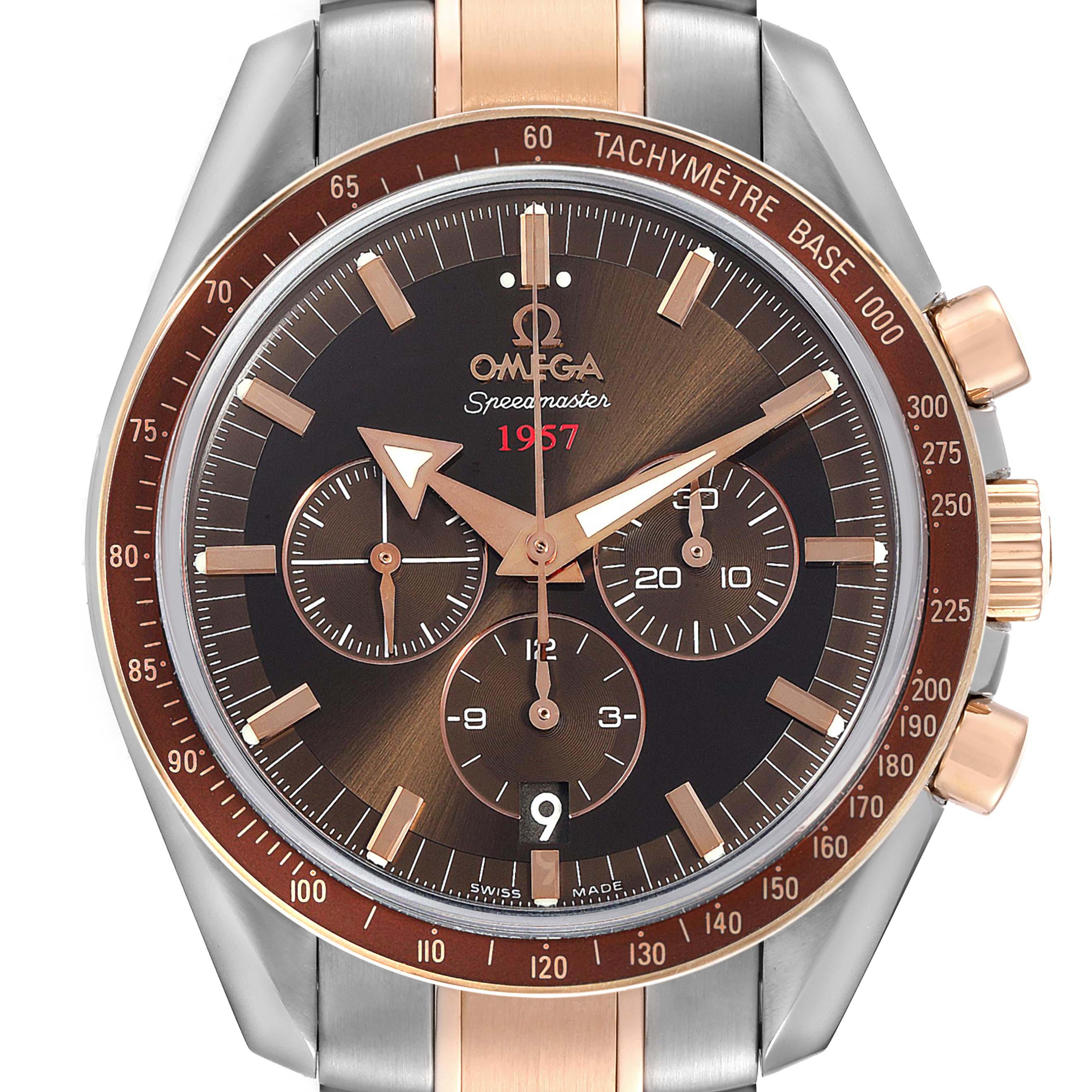 Front view of the Omega Speedmaster 321.90.42.50.13.001 Men's Steel and Gold (two tone) Brown Dial 321.90.42.50.13.001 Men's Steel and Gold (two tone) Brown Dial watch showcasing the face, dial, and tachymeter bezel.