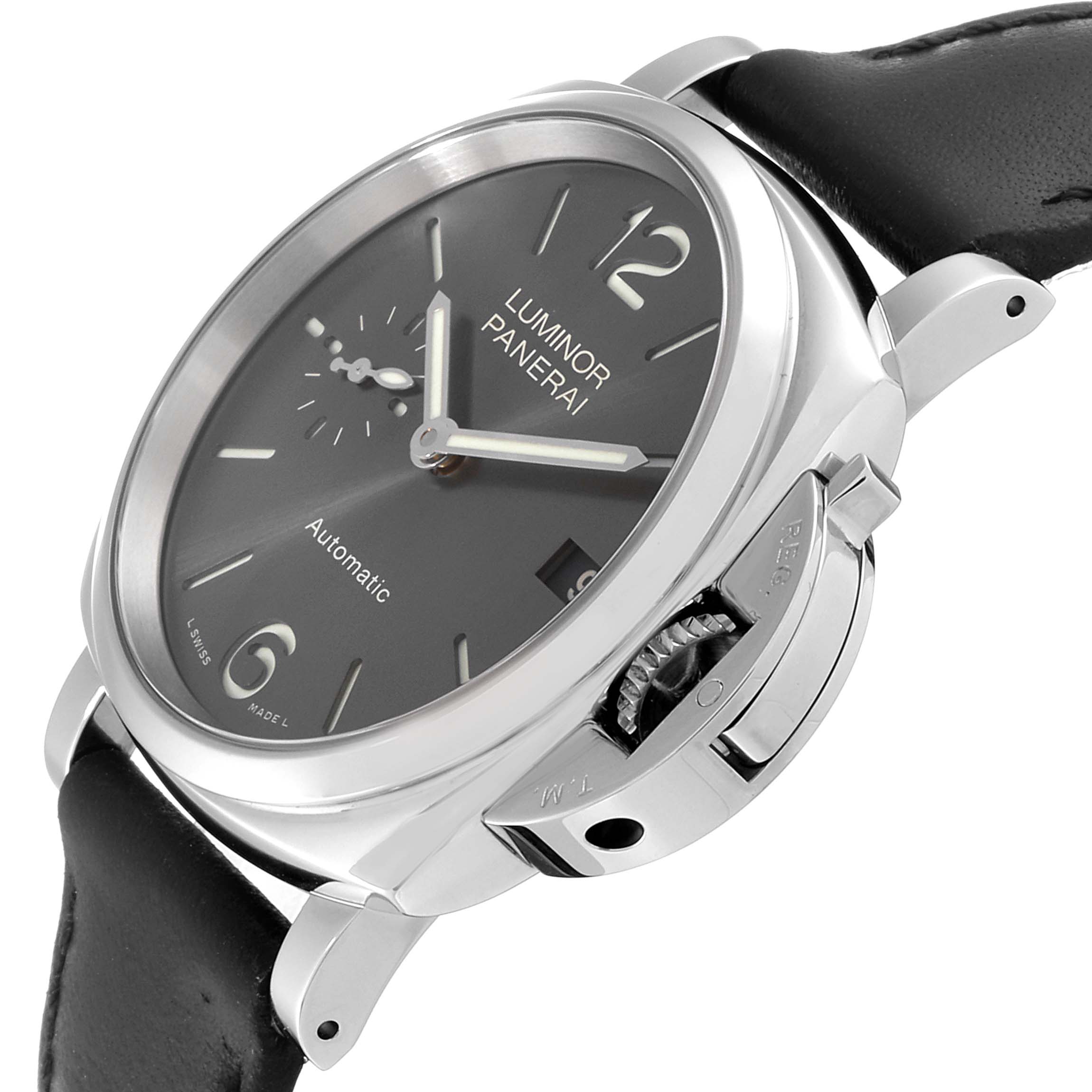 The image shows a Panerai Luminor Due PAM00755 Men's Stainless Steel Black Dial PAM00755 Men's Stainless Steel Black Dial watch, angled to display the face, crown guard, and part of the leather strap.
