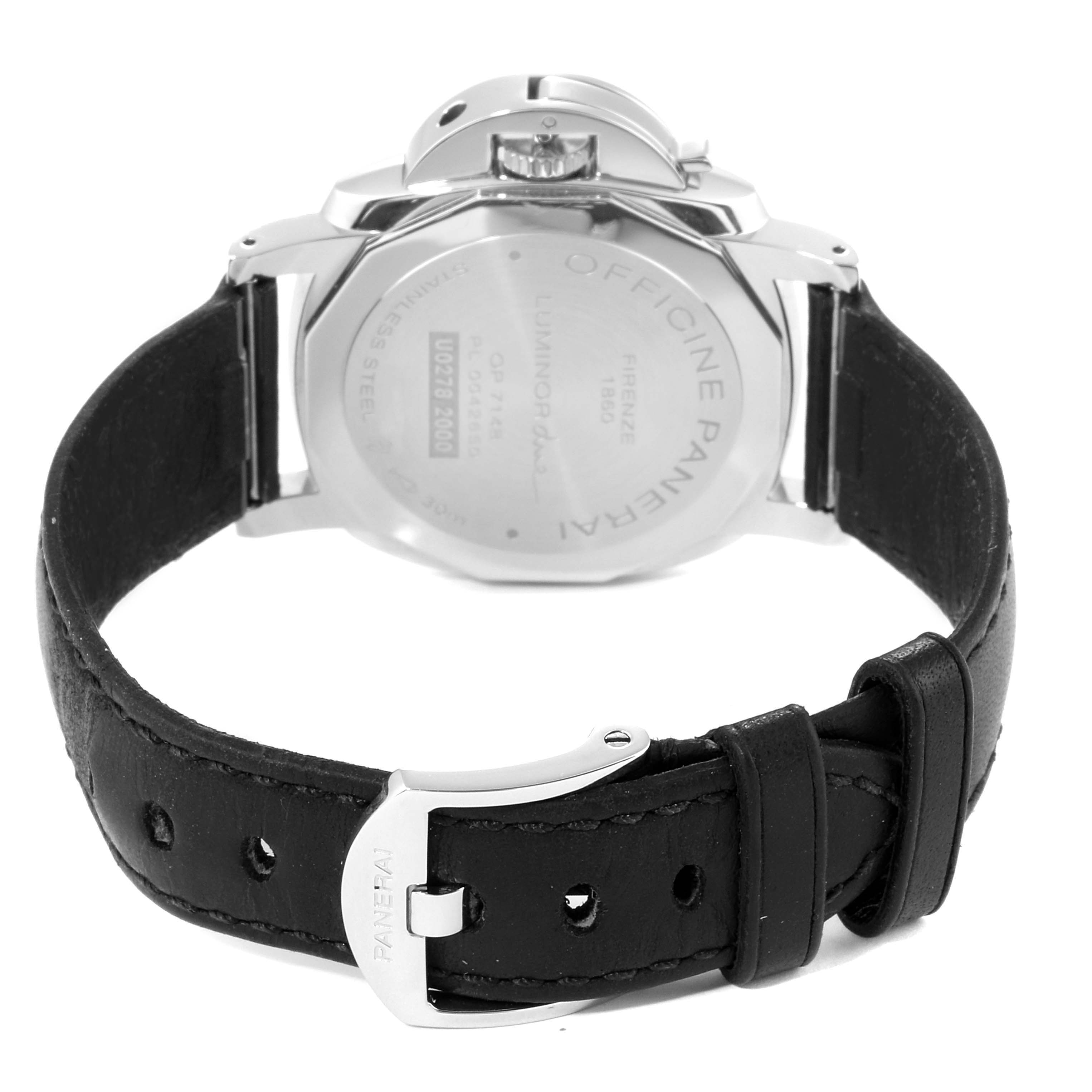 The image shows the rear view of a Panerai Luminor Due PAM00755 Men's Stainless Steel Black Dial PAM00755 Men's Stainless Steel Black Dial watch, highlighting the case back, crown, and black leather strap with the buckle.