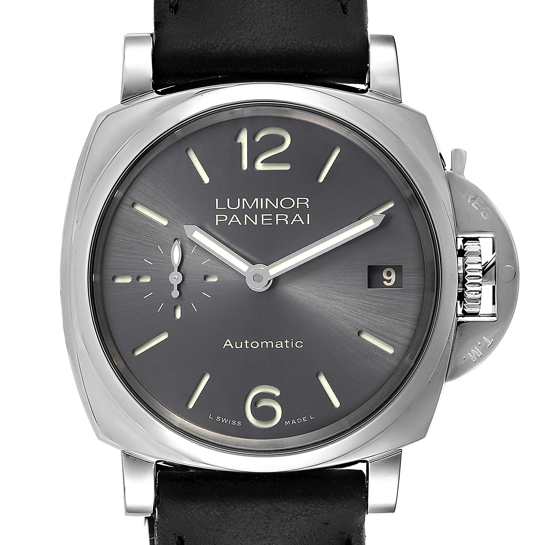 The image shows a frontal view of the Panerai Luminor Due PAM00755 Men's Stainless Steel Black Dial PAM00755 Men's Stainless Steel Black Dial watch, highlighting the dial, hands, date window, and crown guard.