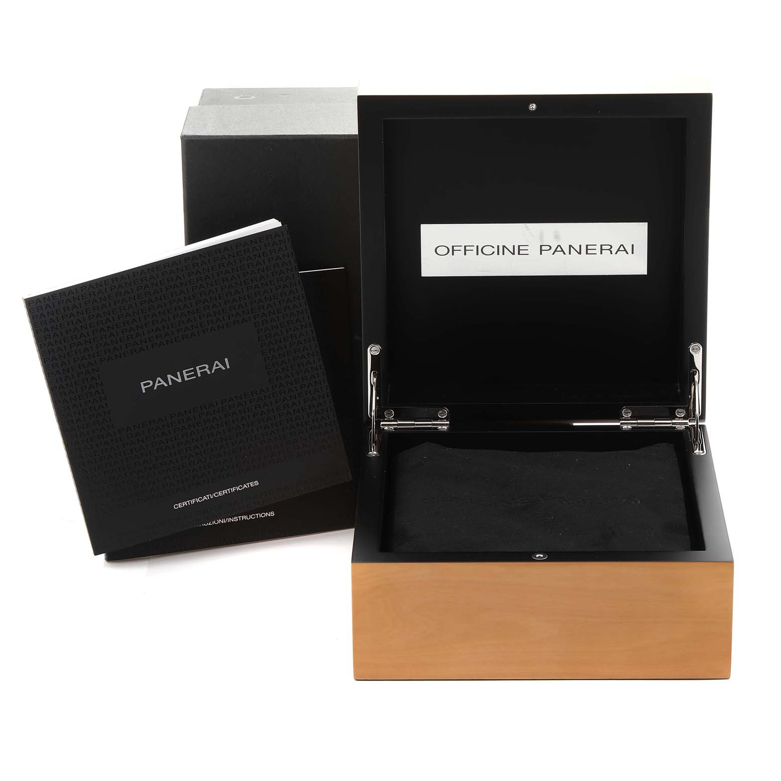 The image shows the open box and instruction manual for a Panerai Luminor Due PAM00755 Men's Stainless Steel Black Dial PAM00755 Men's Stainless Steel Black Dial watch.