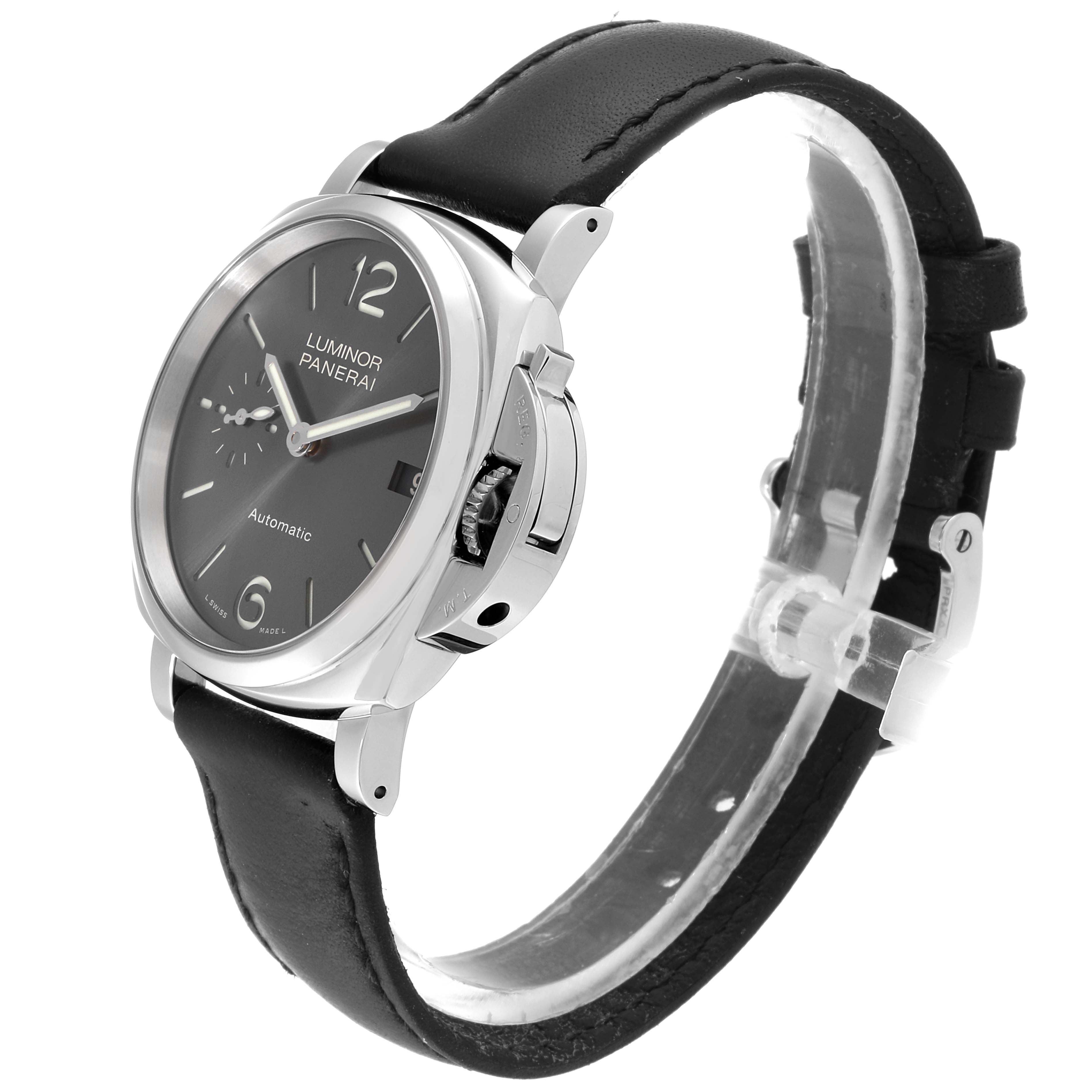 The image shows a side-angle view of a Panerai Luminor Due PAM00755 Men's Stainless Steel Black Dial PAM00755 Men's Stainless Steel Black Dial watch, highlighting its black strap, case, and dial details.