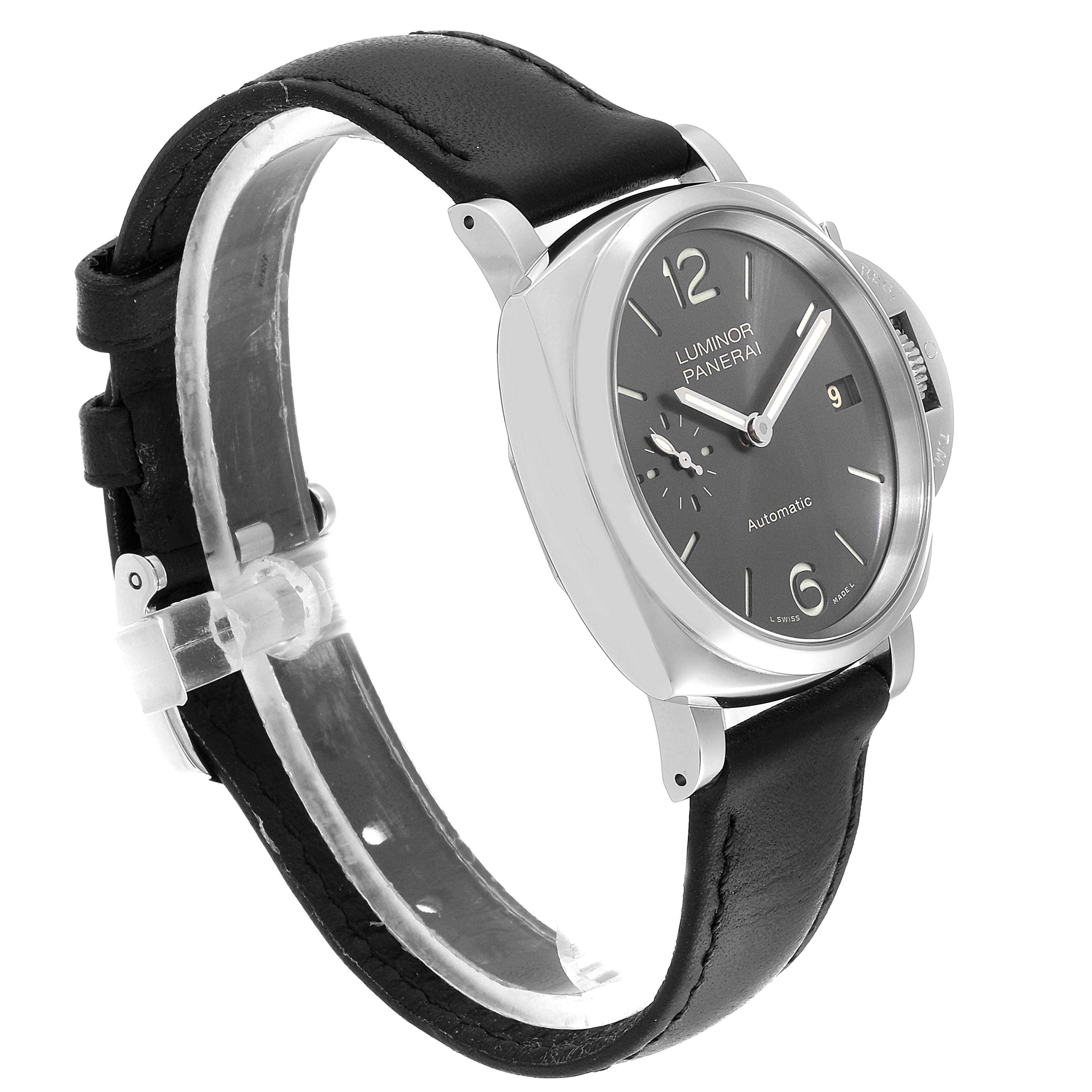 The image shows a side angle of the Panerai Luminor Due PAM00755 Men's Stainless Steel Black Dial PAM00755 Men's Stainless Steel Black Dial watch, highlighting its black strap and silver-toned case.