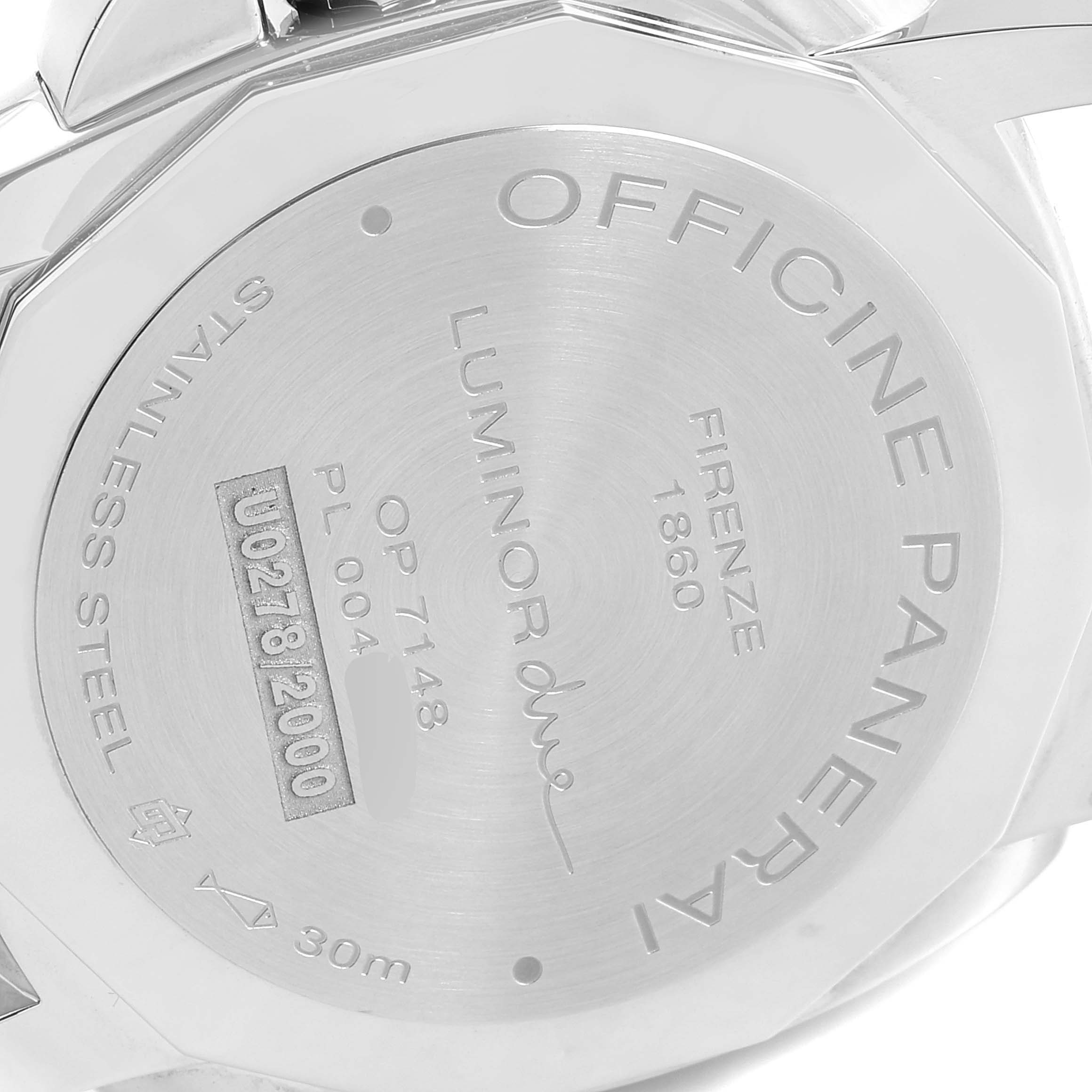 The image shows the back case of a Panerai Luminor Due PAM00755 Men's Stainless Steel Black Dial PAM00755 Men's Stainless Steel Black Dial watch, displaying engravings and serial numbers.