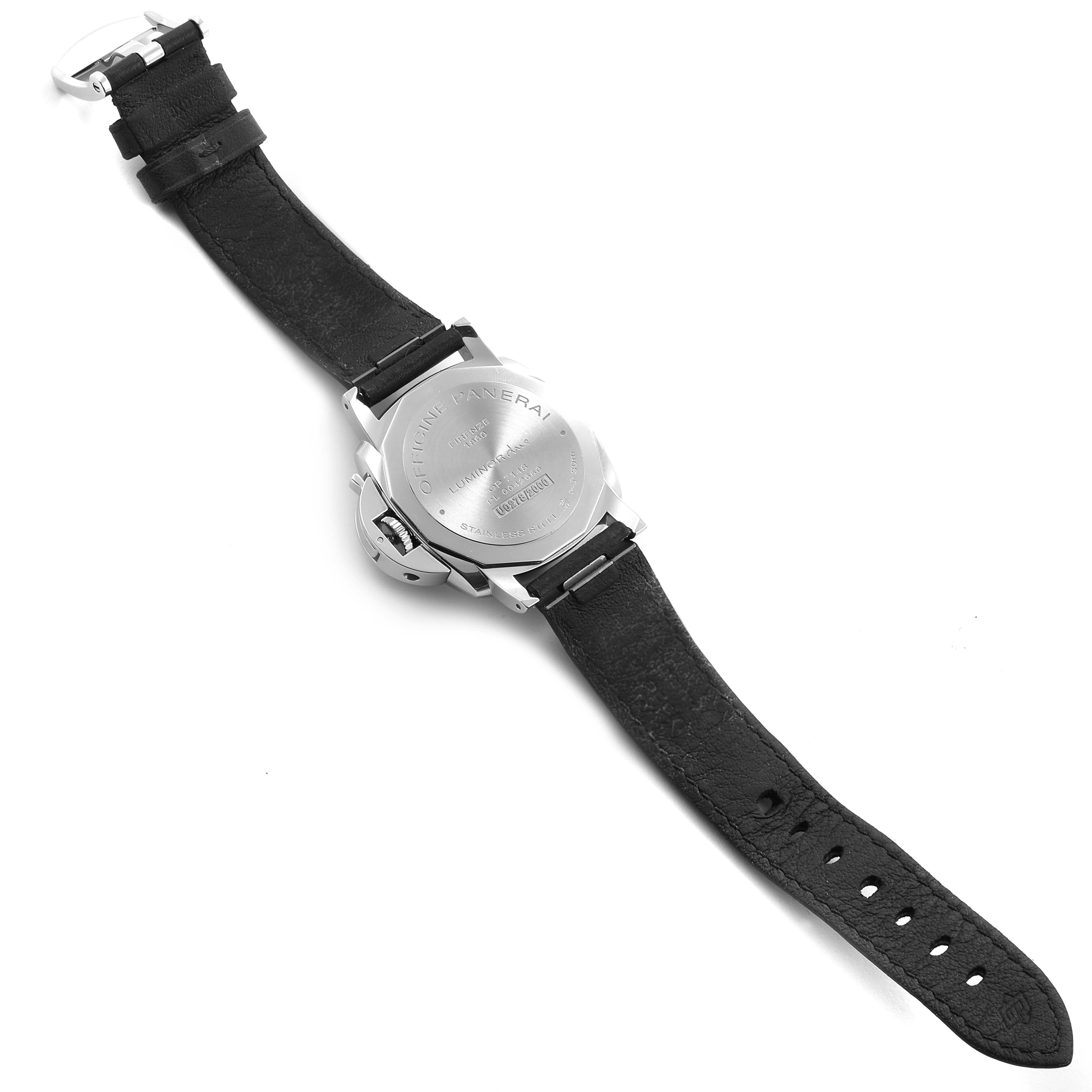 The image shows the back view of a Panerai Luminor Due PAM00755 Men's Stainless Steel Black Dial PAM00755 Men's Stainless Steel Black Dial watch, highlighting the case back and black leather strap.