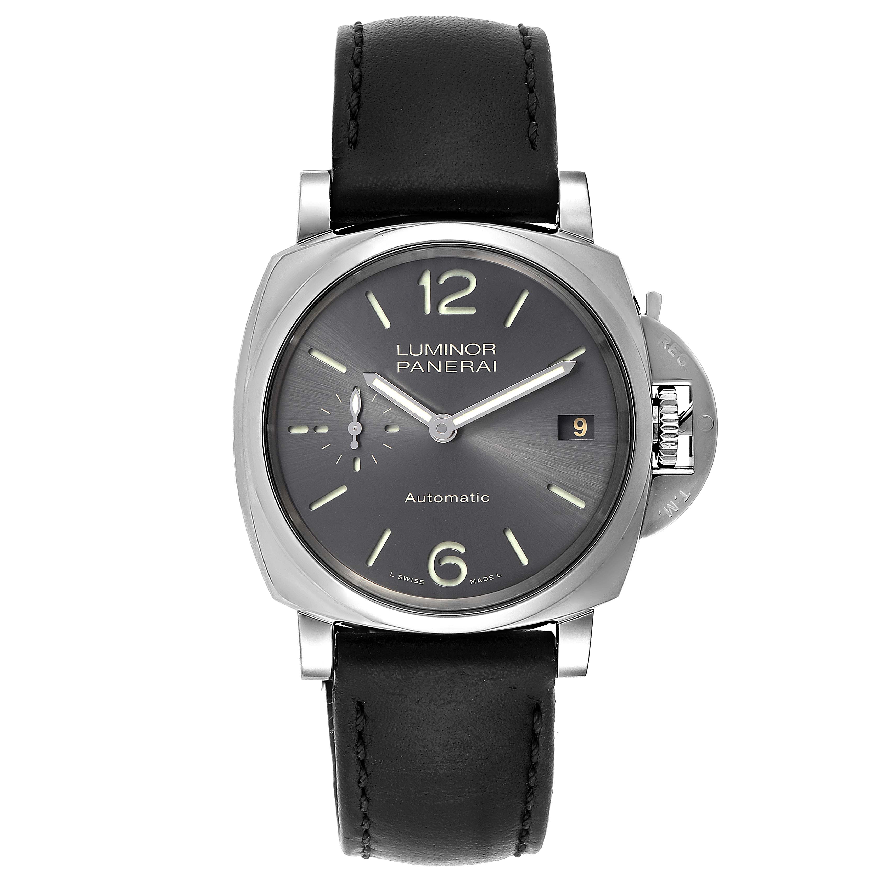 This image shows a front view of a Panerai Luminor Due PAM00755 Men's Stainless Steel Black Dial PAM00755 Men's Stainless Steel Black Dial watch, displaying the face, case, crown protector, and strap.