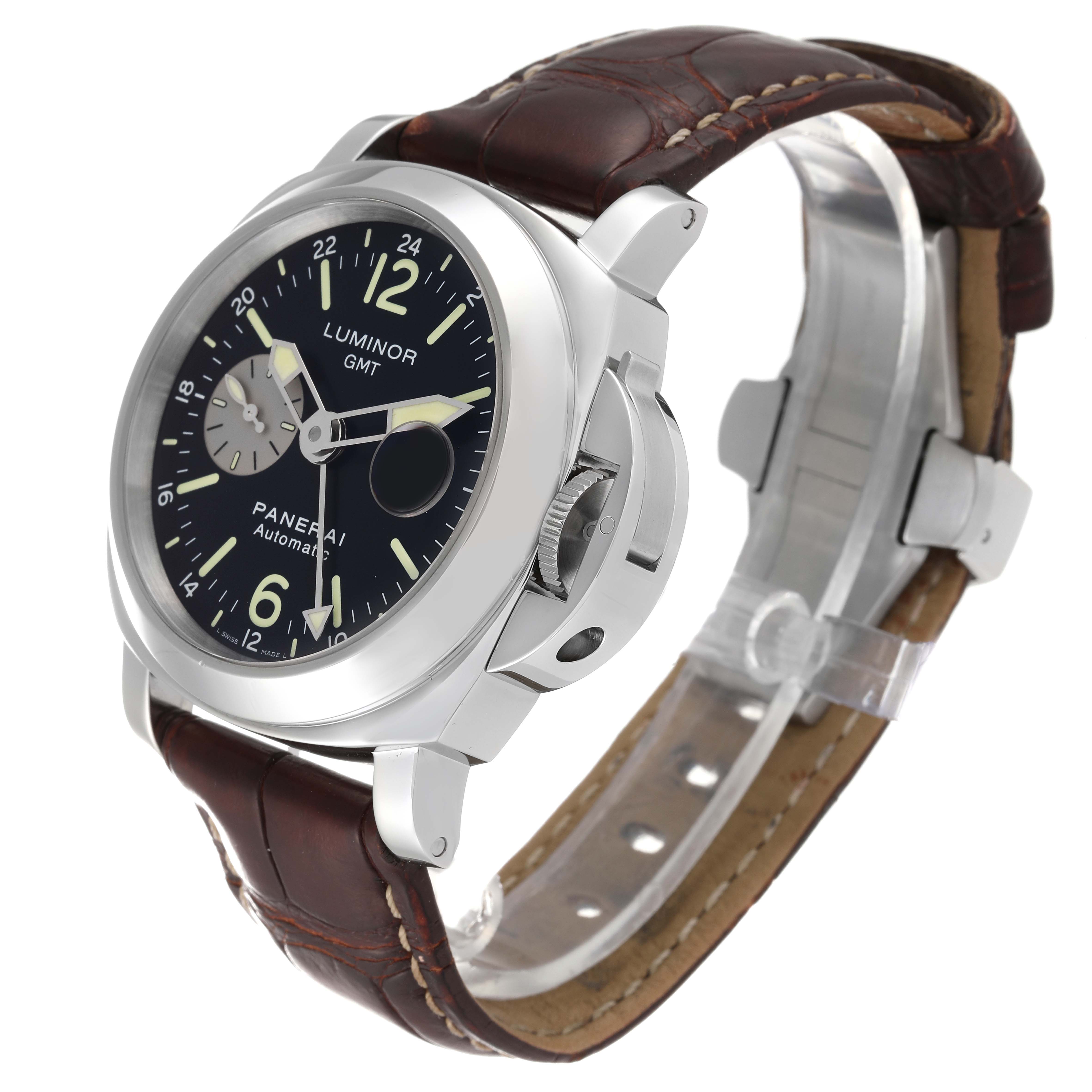 The Luminor model by Panerai is shown at an angled view, highlighting the dial, crown guard, and leather strap.